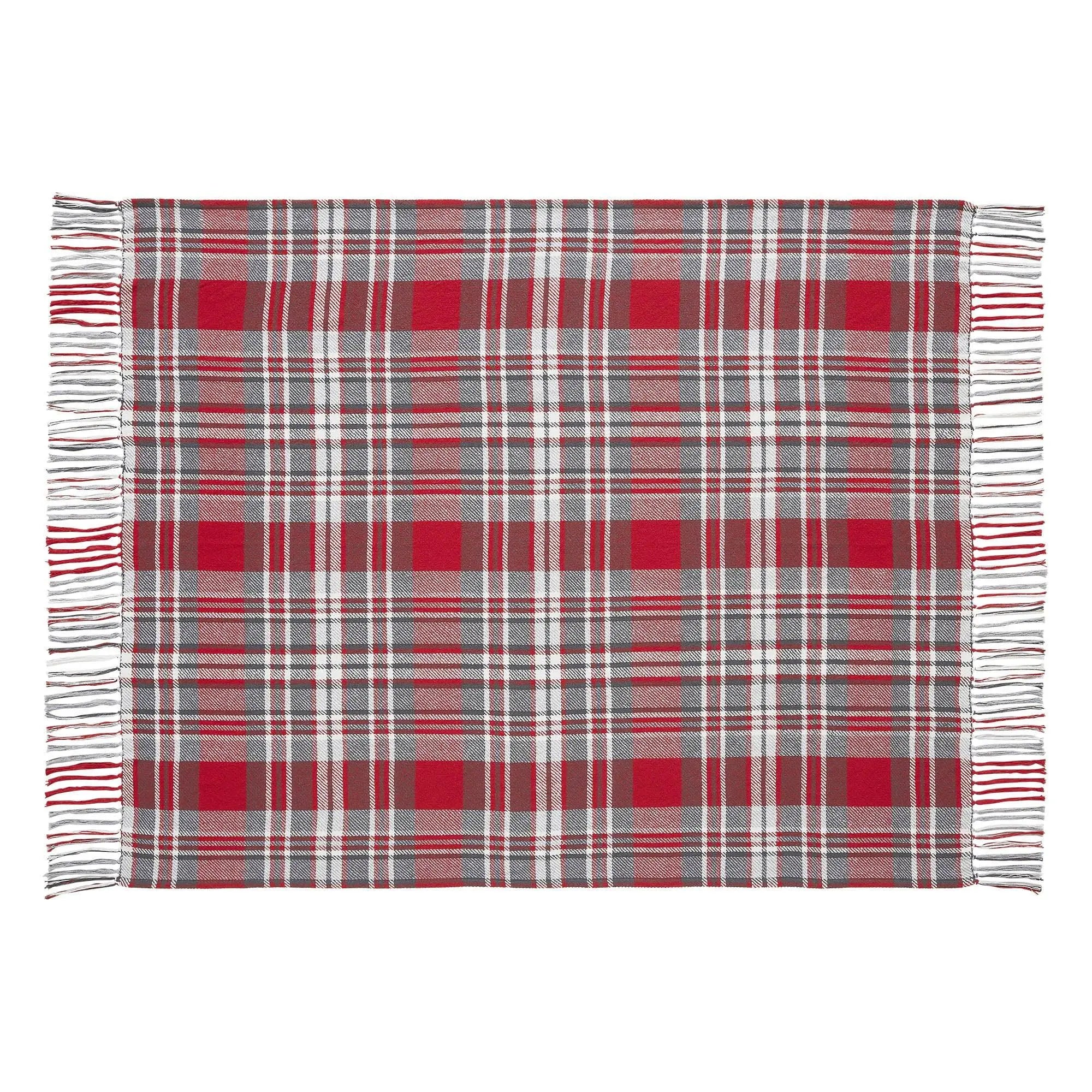 Red and gray plaid throw blanket with fringe, cozy farmhouse decor for living room or couch