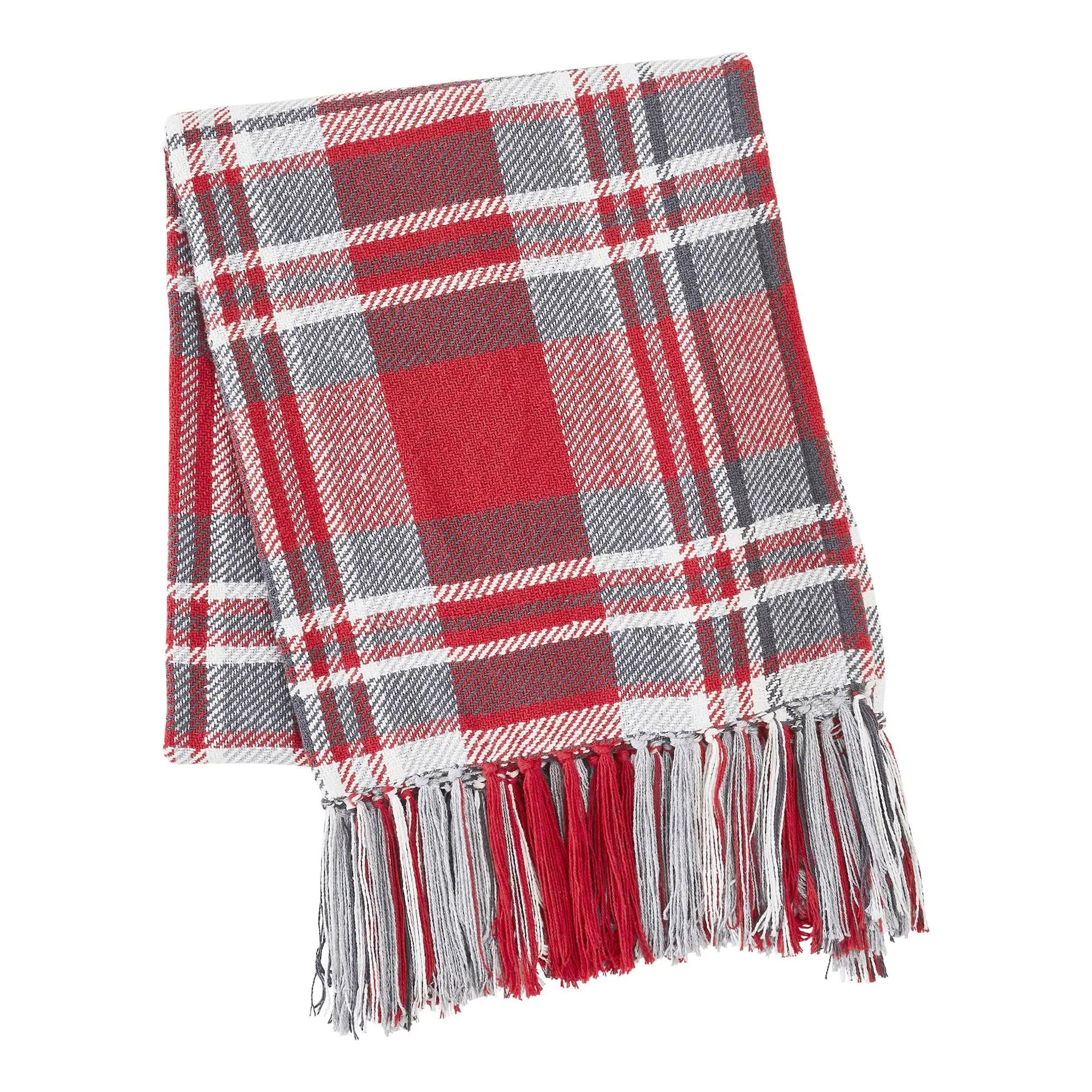 Red gray white plaid throw blanket with fringe, cozy farmhouse decor for living room or couch
