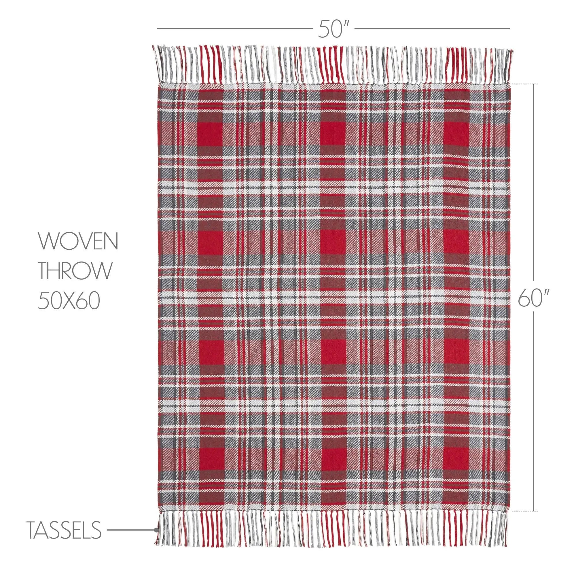 Red and gray plaid woven throw blanket with tassels, 50x60 inches, cozy farmhouse decor