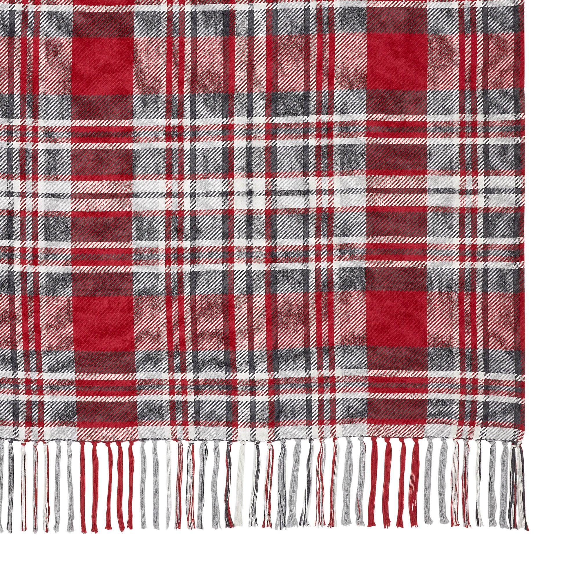 Red gray white plaid throw blanket with fringe, cozy farmhouse decor