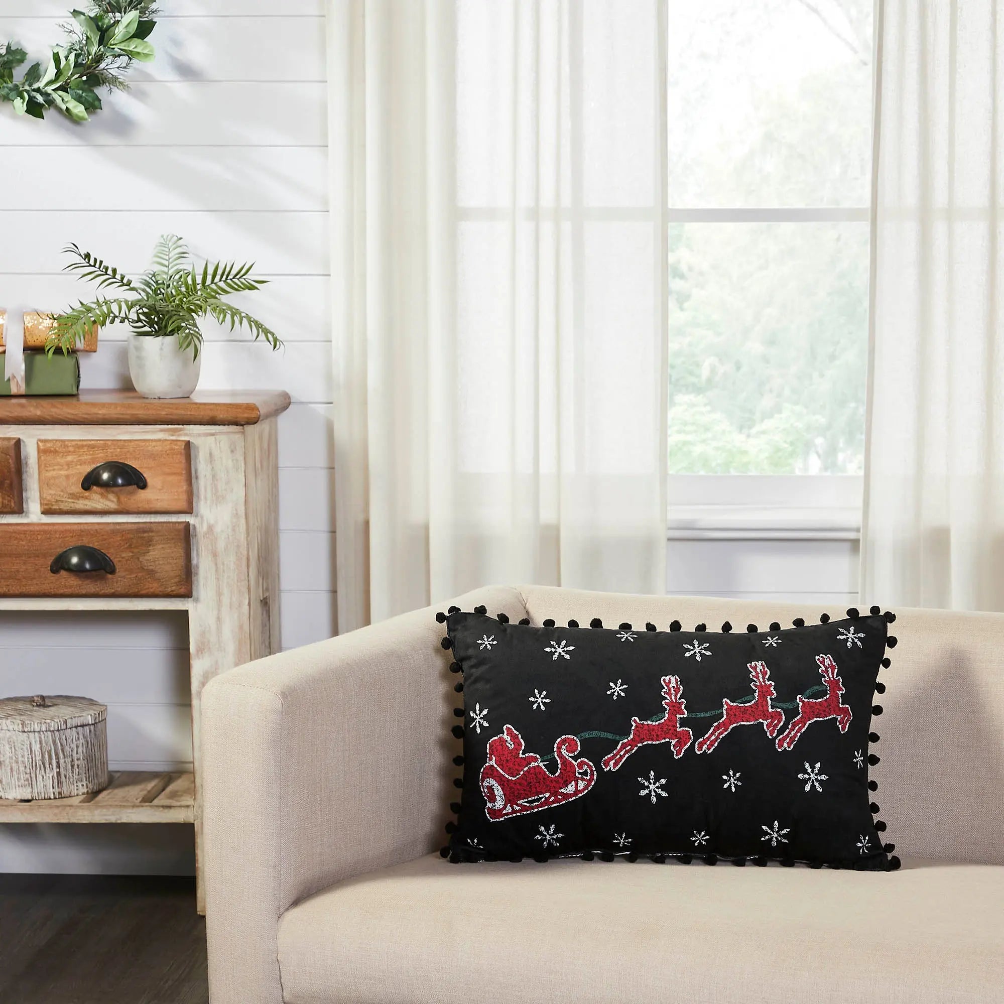 Annie Black Check Santa Sleigh Throw Pillow – 14" x 22"