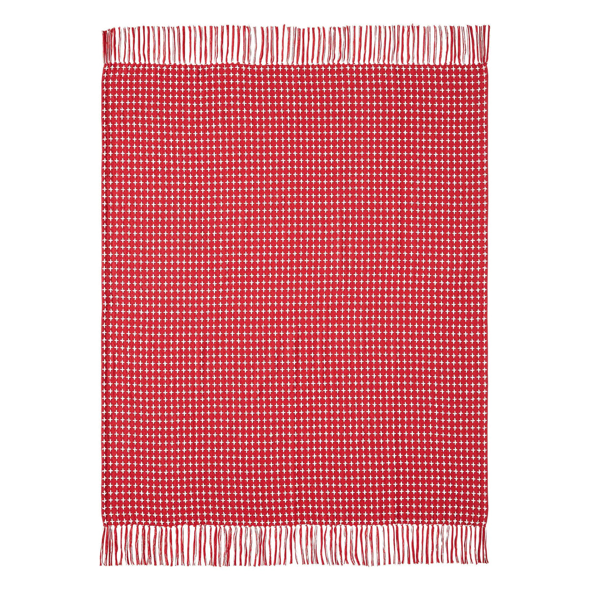 A rectangular woven throw blanket with fringed edges, featuring a red and white gingham checkered pattern, shown flat against a white background.