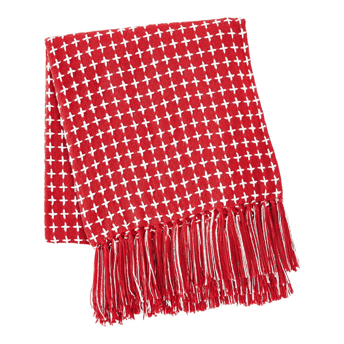 Red and white patterned scarf with fringes on a white background
