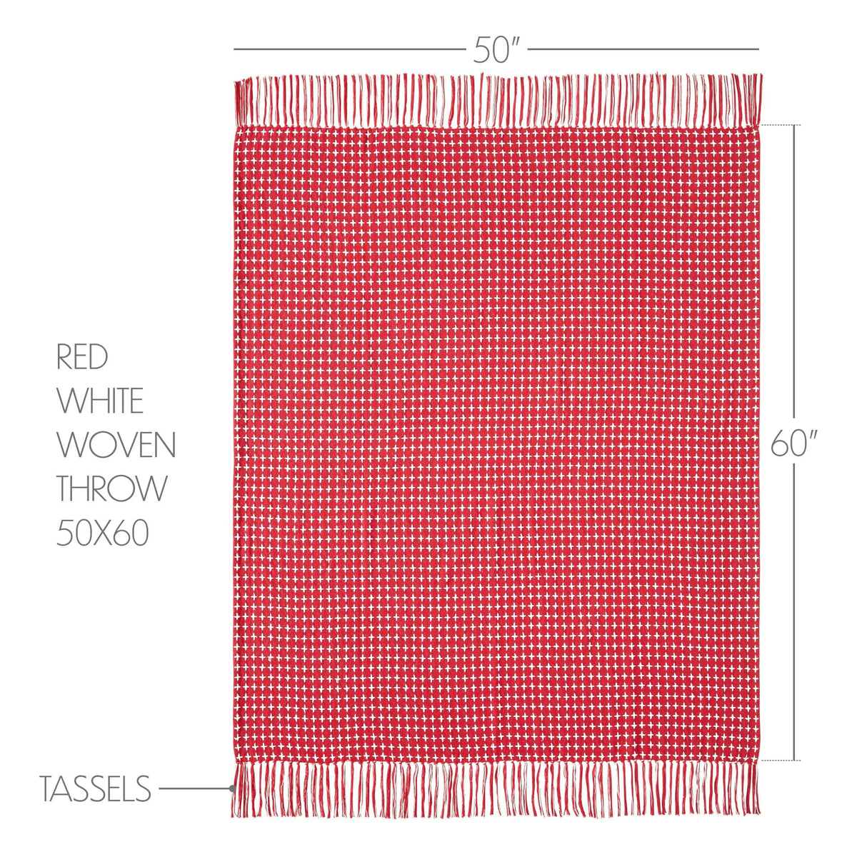 Red and white woven throw with dimensions and tassels on a white background