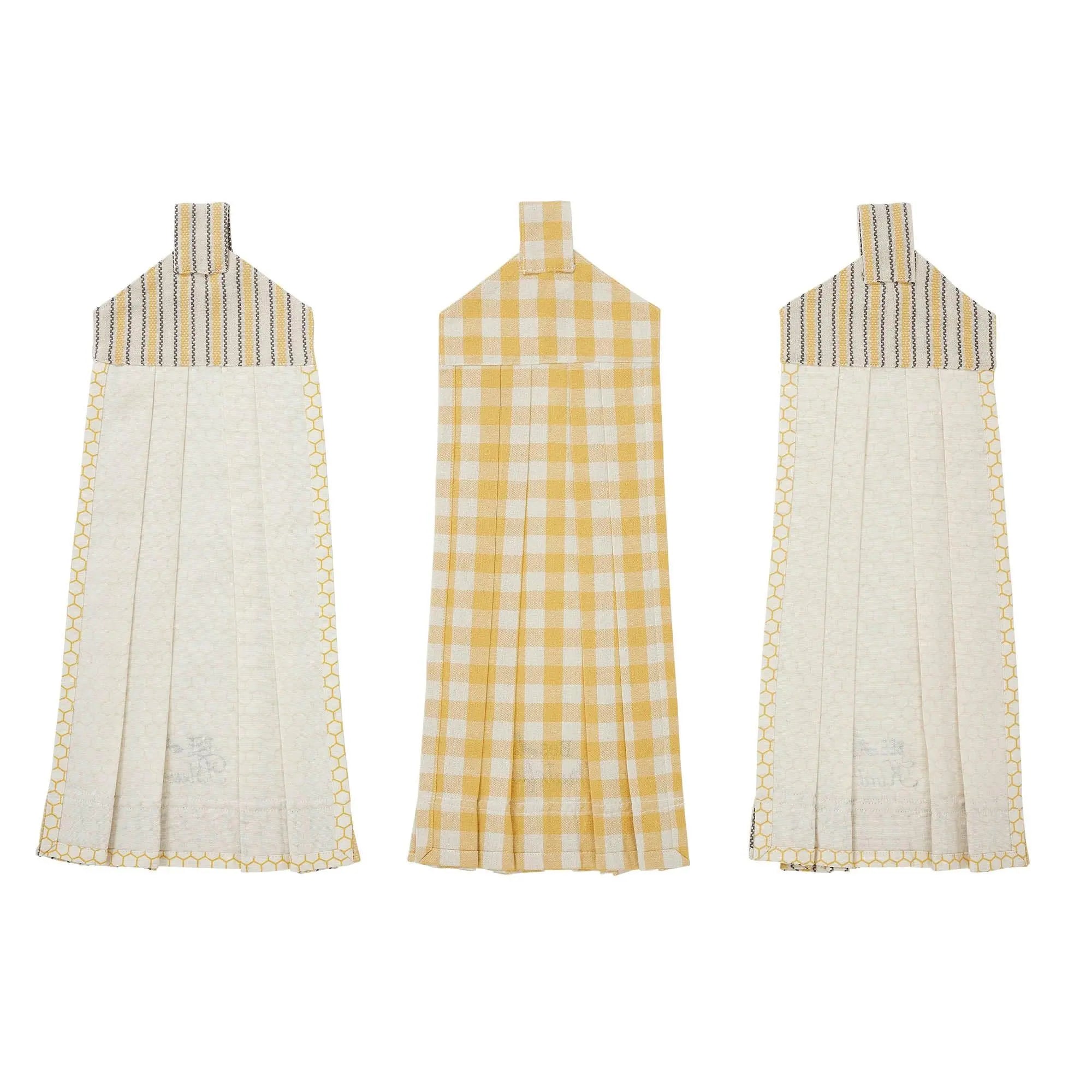 Yellow gingham and honeycomb patterned farmhouse kitchen towels with pleated design