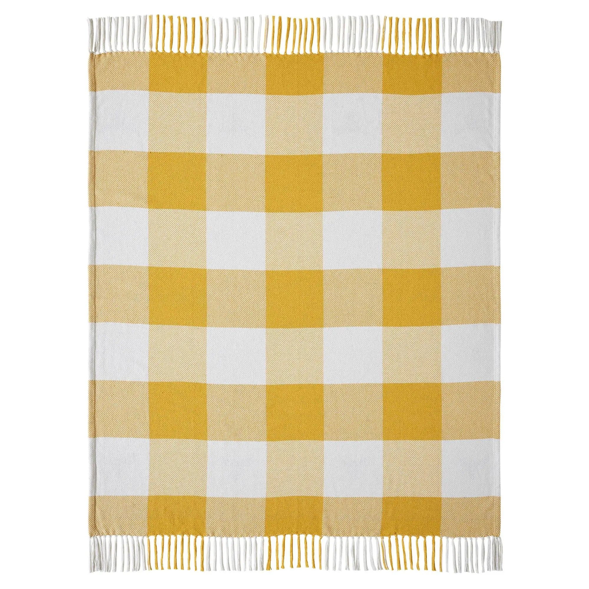 Yellow and white gingham throw blanket with fringe, cozy farmhouse decor accent