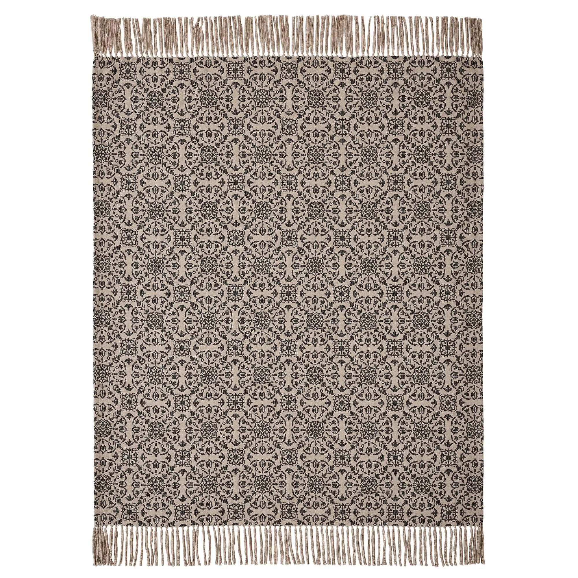 Cozy farmhouse throw blanket with black and beige geometric pattern and fringe edges for home decor