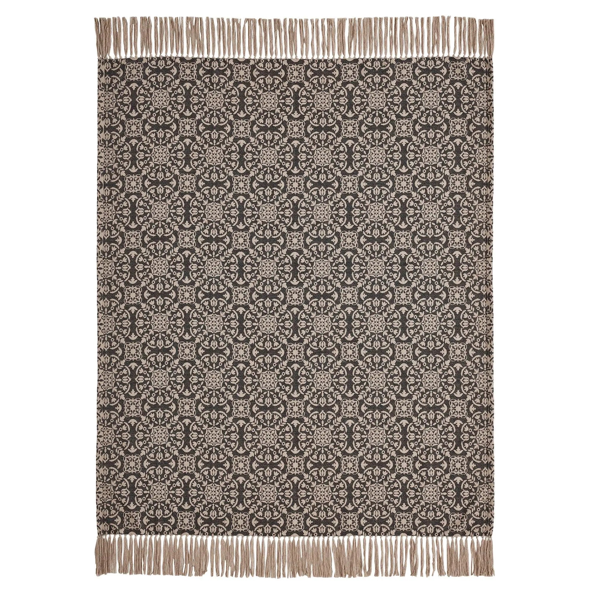 Cozy farmhouse throw blanket with beige floral pattern and fringe, perfect for cottage style home decor