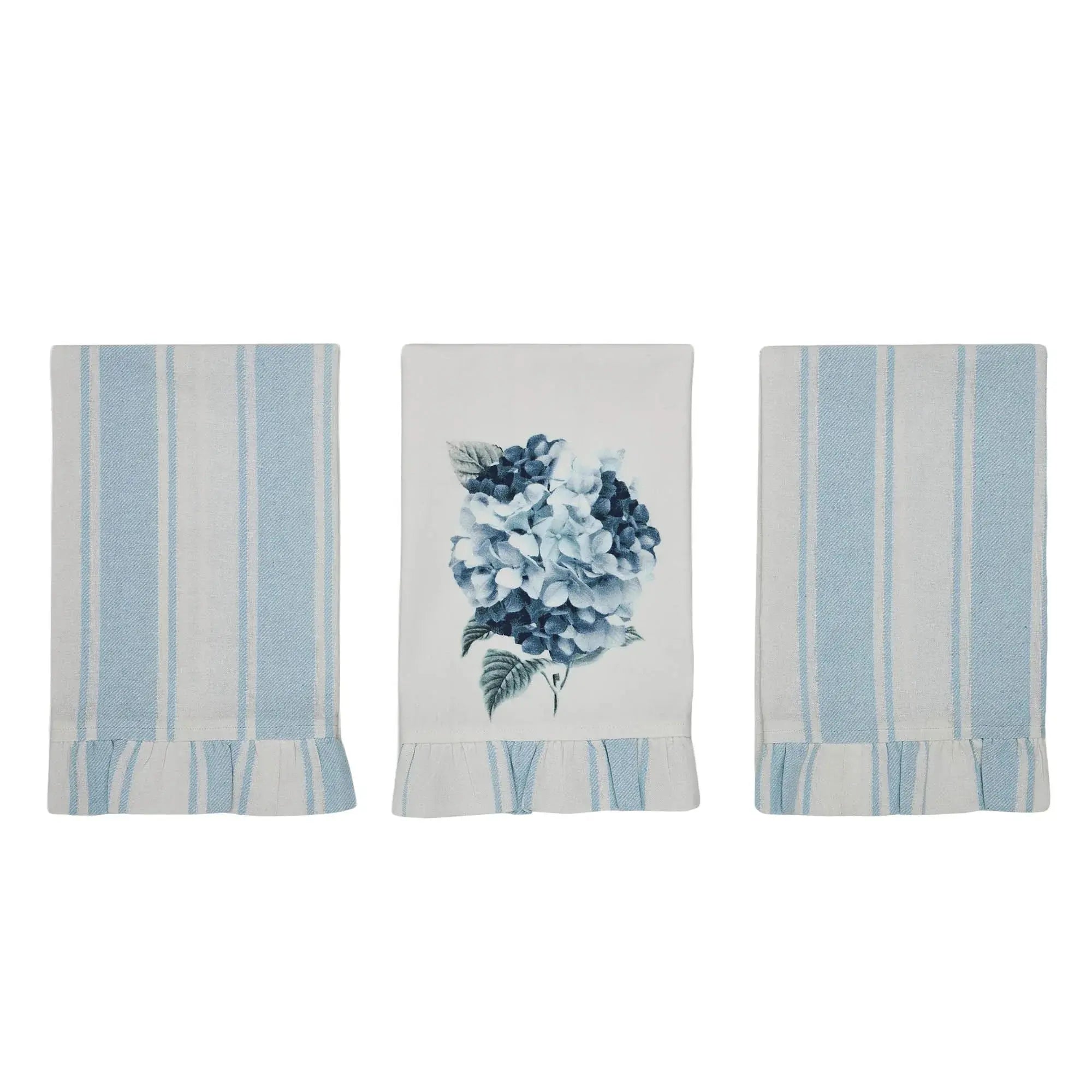 Set of three towels with blue floral design and striped patterns on a white background