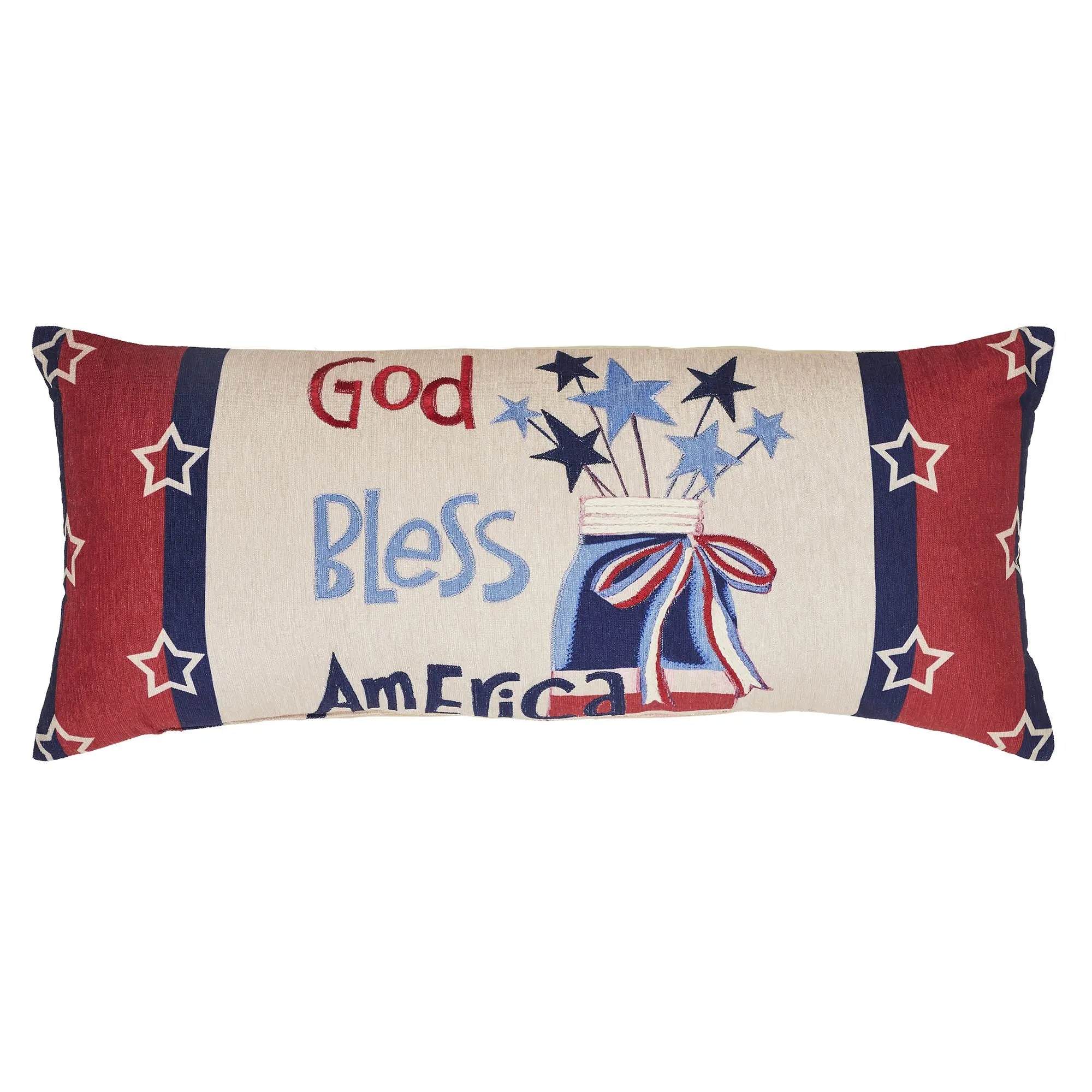Decorative pillow with 'God Bless America' text and star design on a white background