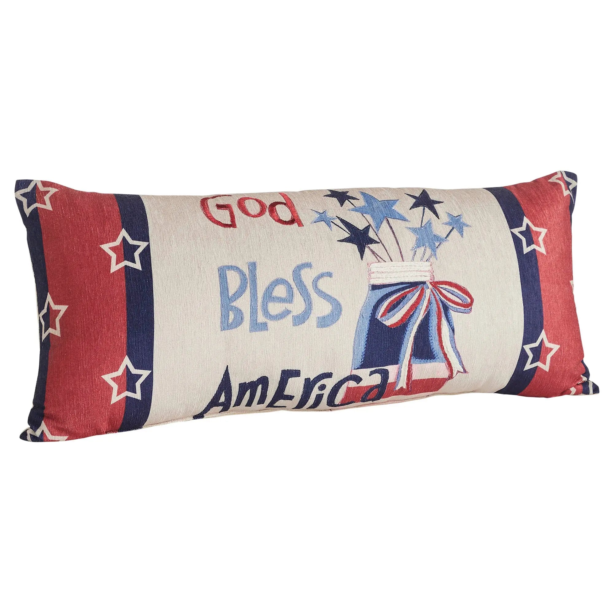 Decorative pillow with 'God Bless America' text and star designs on a white background