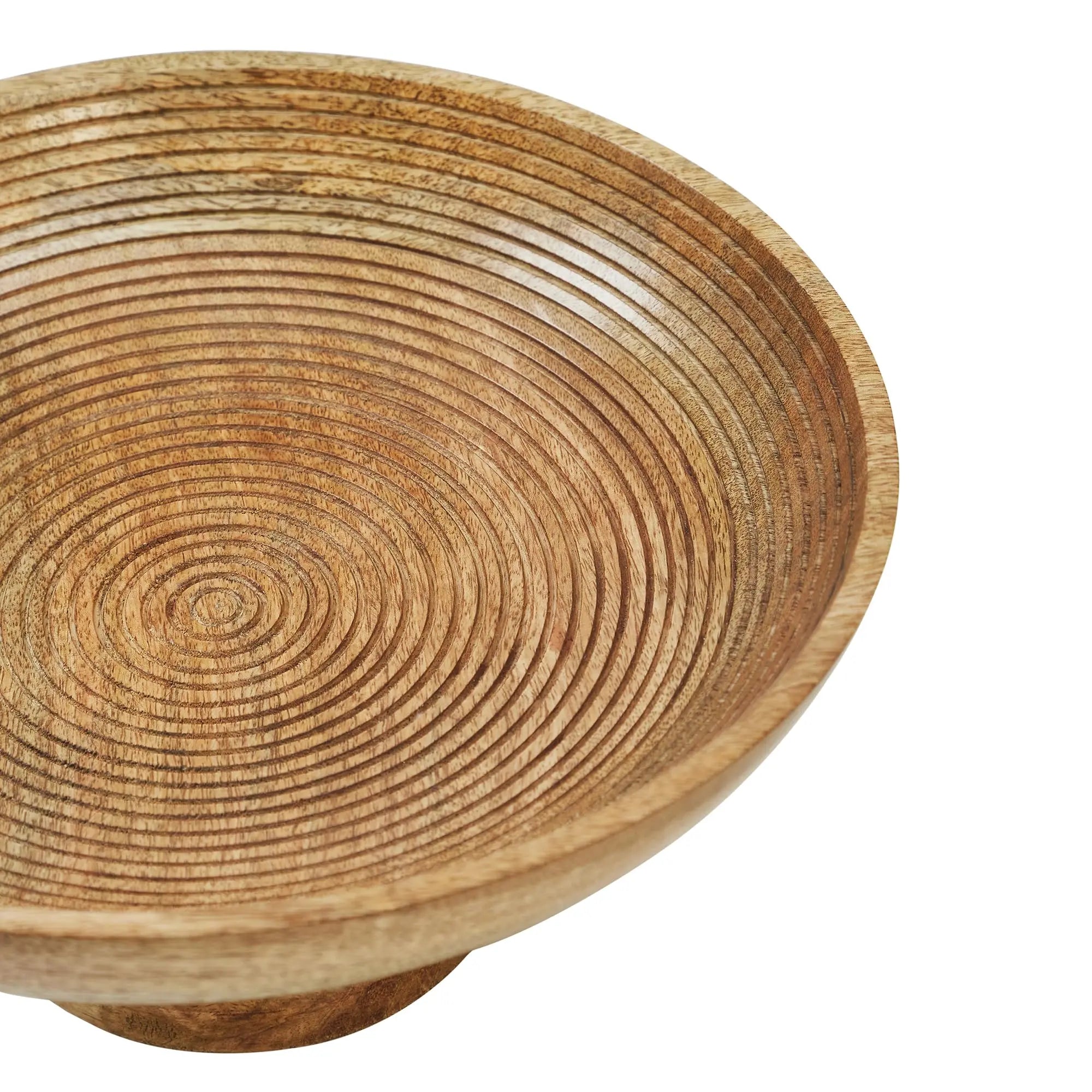 Wooden bowl with concentric circular pattern on a white background