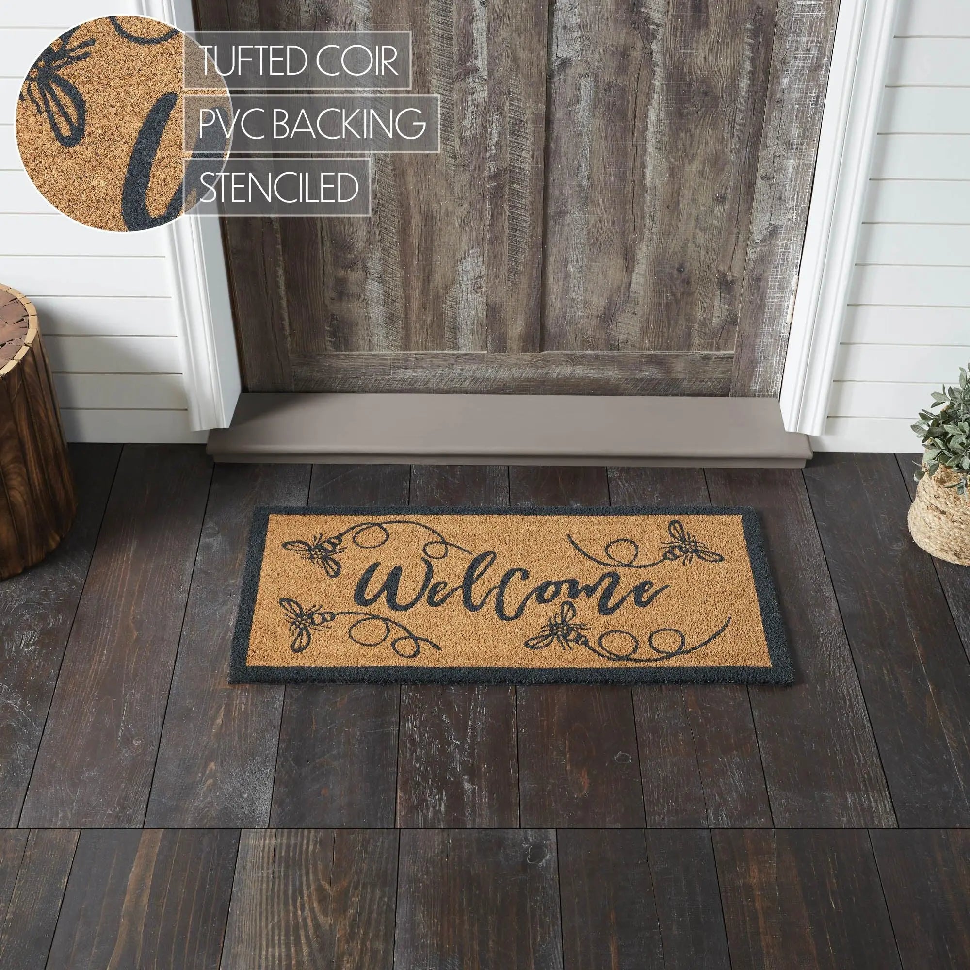 Cozy farmhouse welcome doormat with stenciled bees, tufted coir, PVC backing, perfect for cottage entryways