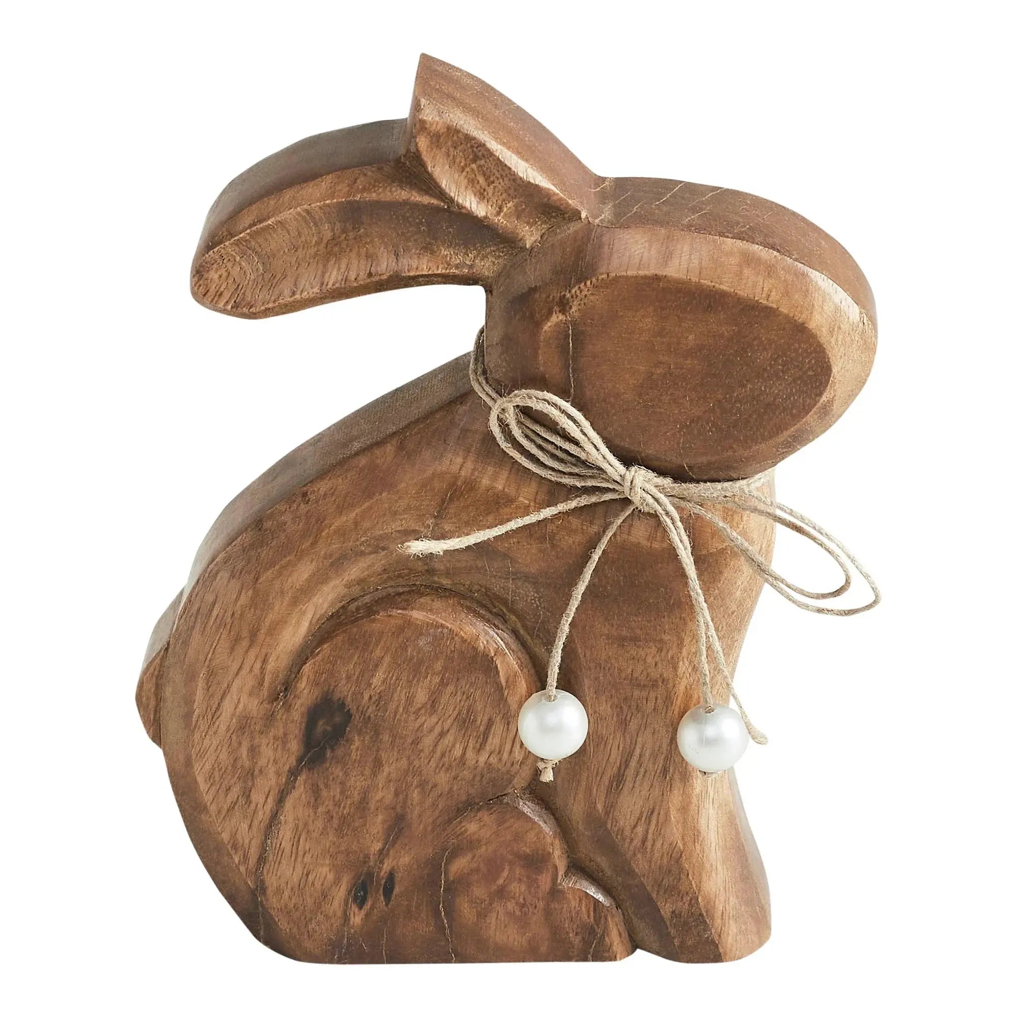 Rustic wooden bunny figurine with twine bow and pearl accents, farmhouse Easter decor