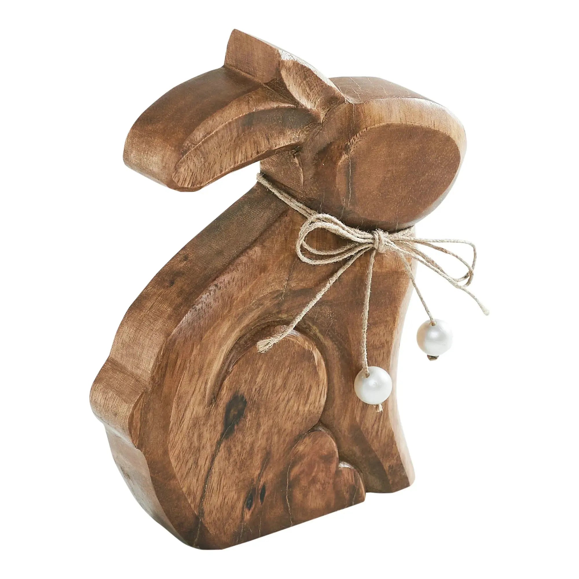Rustic wooden bunny figurine with twine bow and pearl accents, farmhouse Easter decor