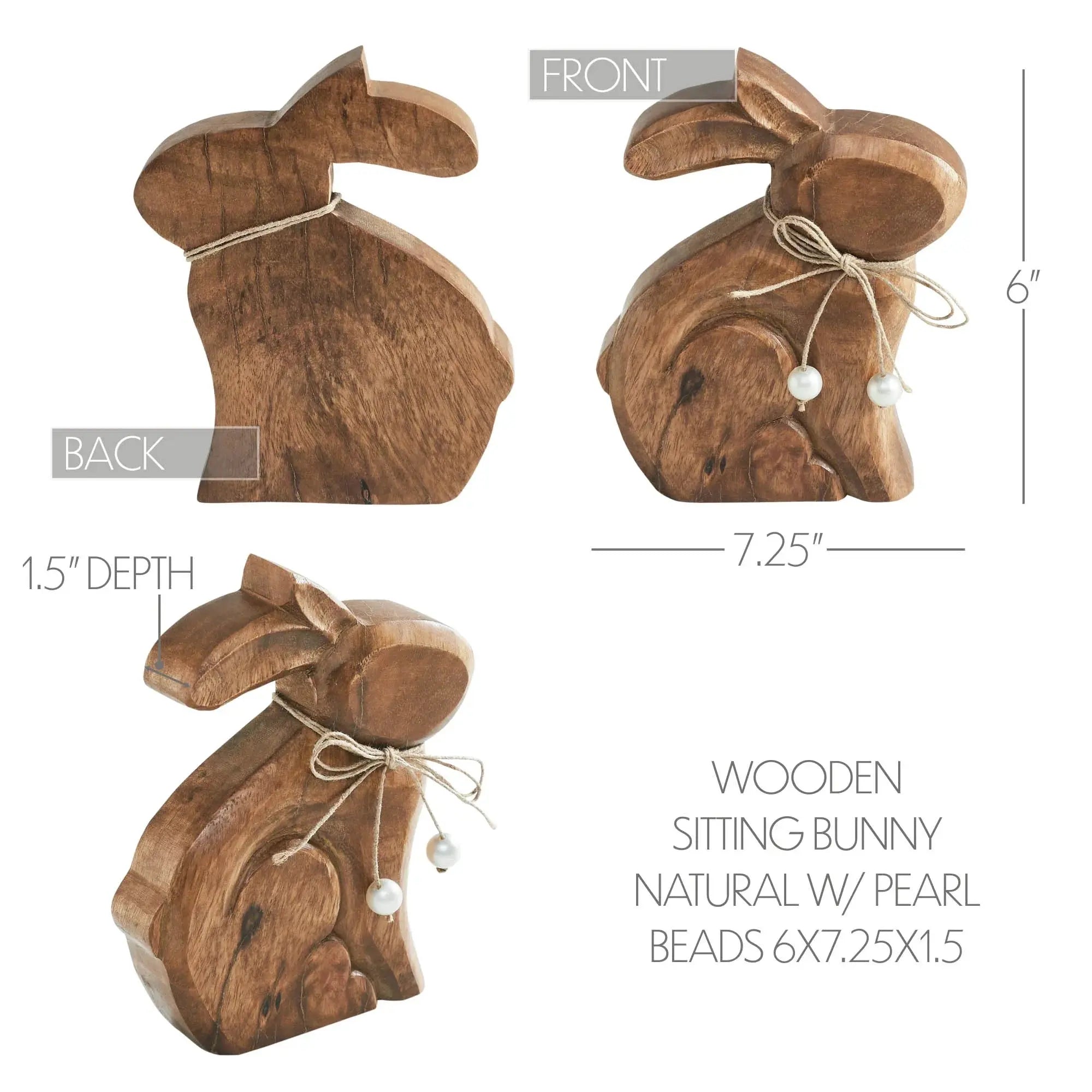 Wooden sitting bunny with pearl beads, natural farmhouse decor, 6x7.25x1.5 inches