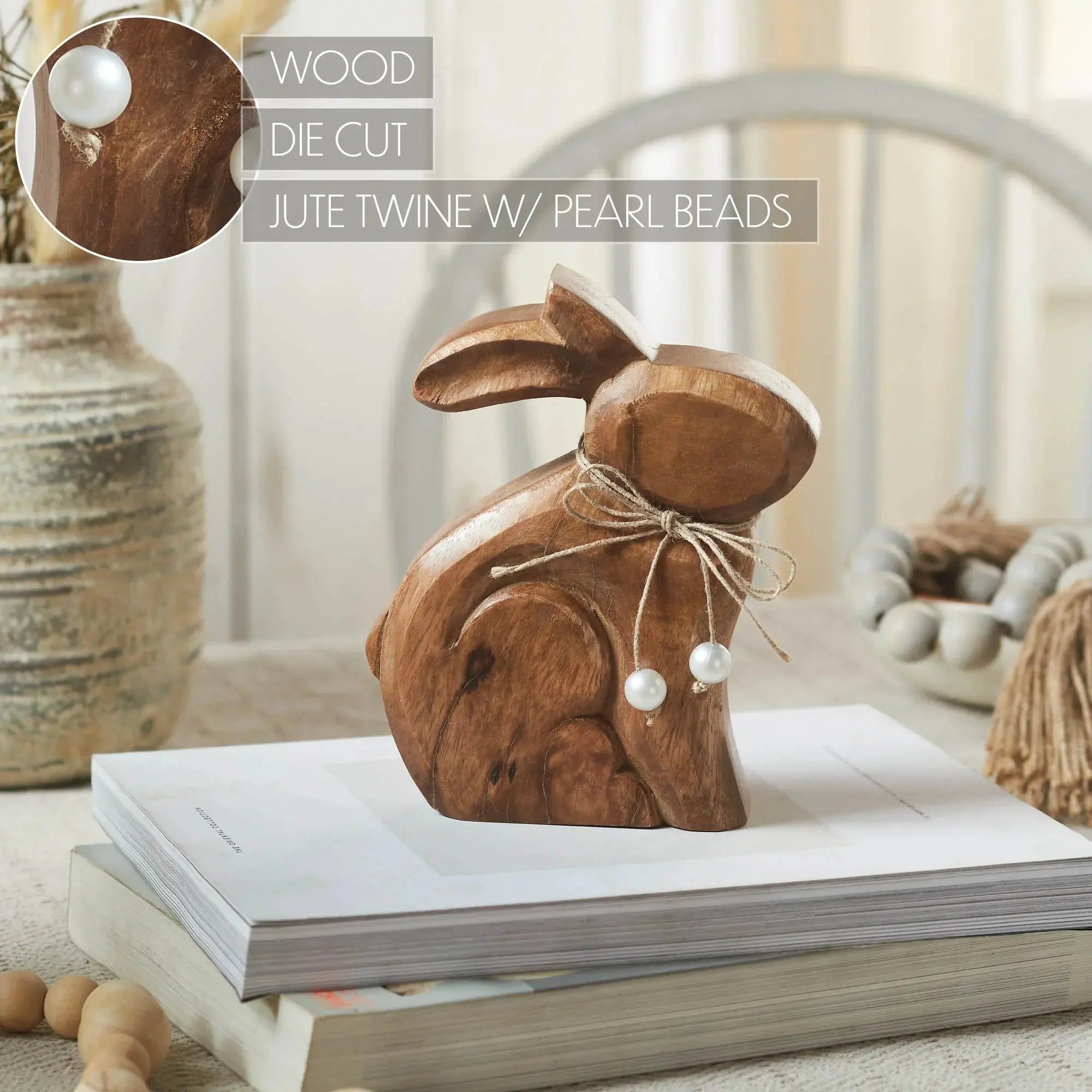 Wooden bunny figurine with jute twine and pearl beads, farmhouse decor accent for cozy home styling