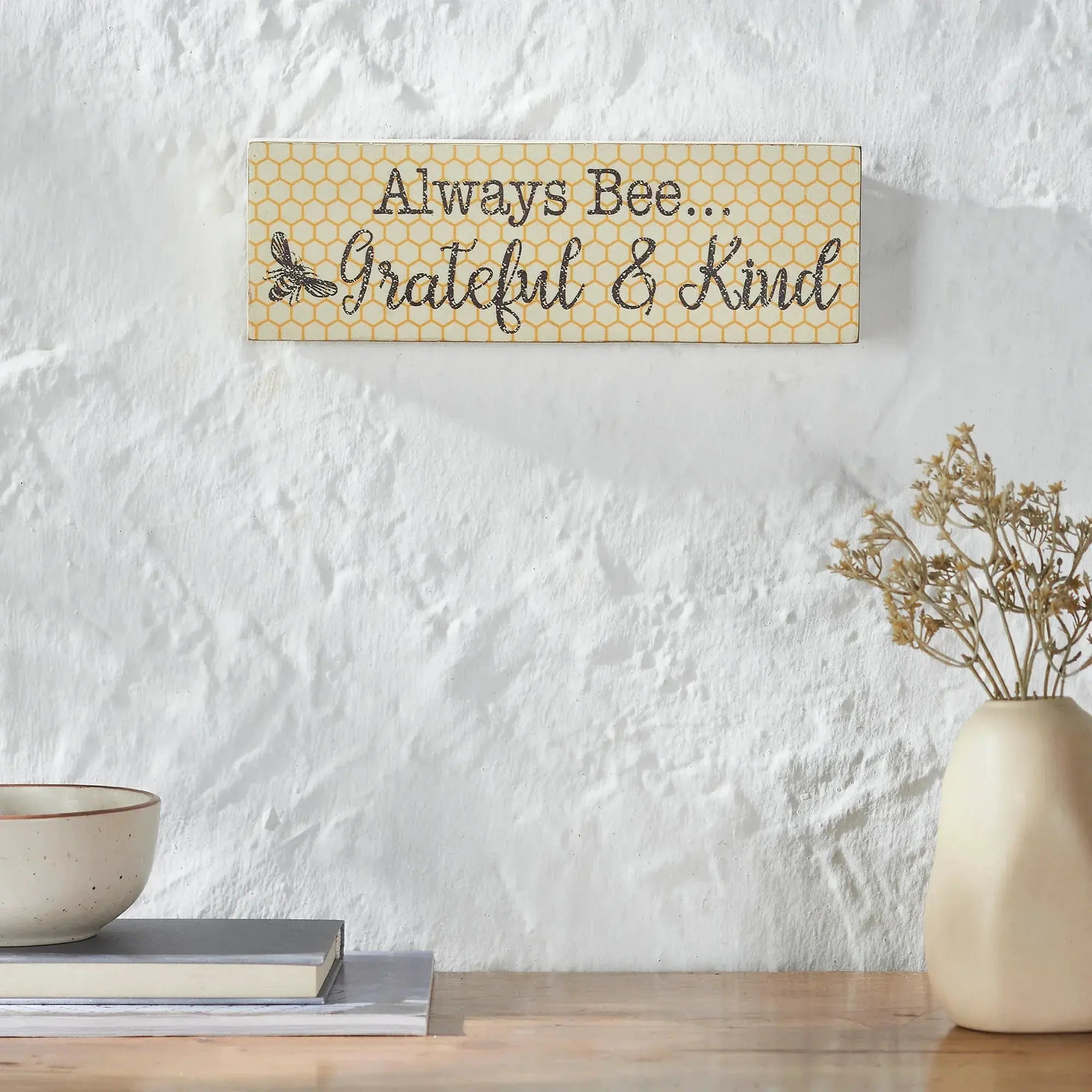 Always Bee Grateful & Kind wooden sign with honeycomb pattern, farmhouse wall decor for cozy home