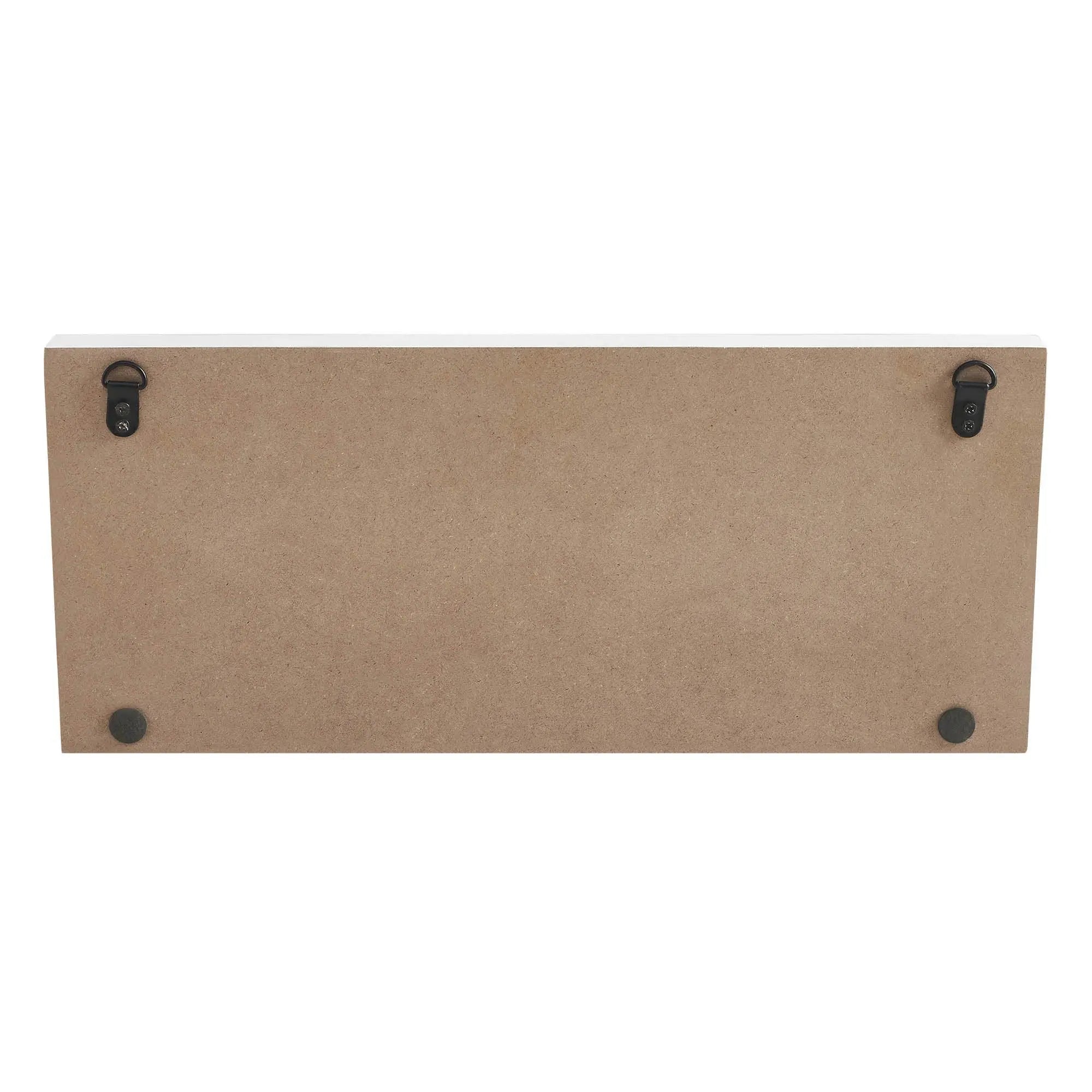 Back view of farmhouse-style wood sign with black metal hangers and felt pads for wall mounting