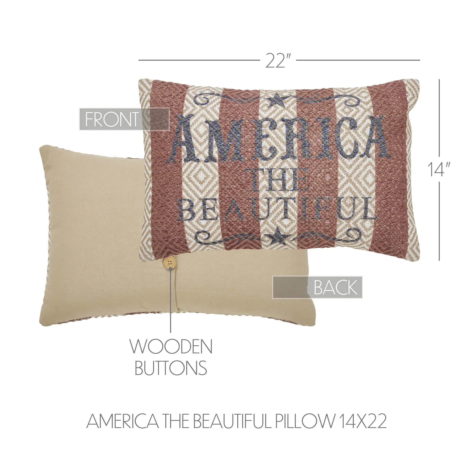 Decorative pillow with 'America the Beautiful' text, wooden buttons, and measurements on a white background.