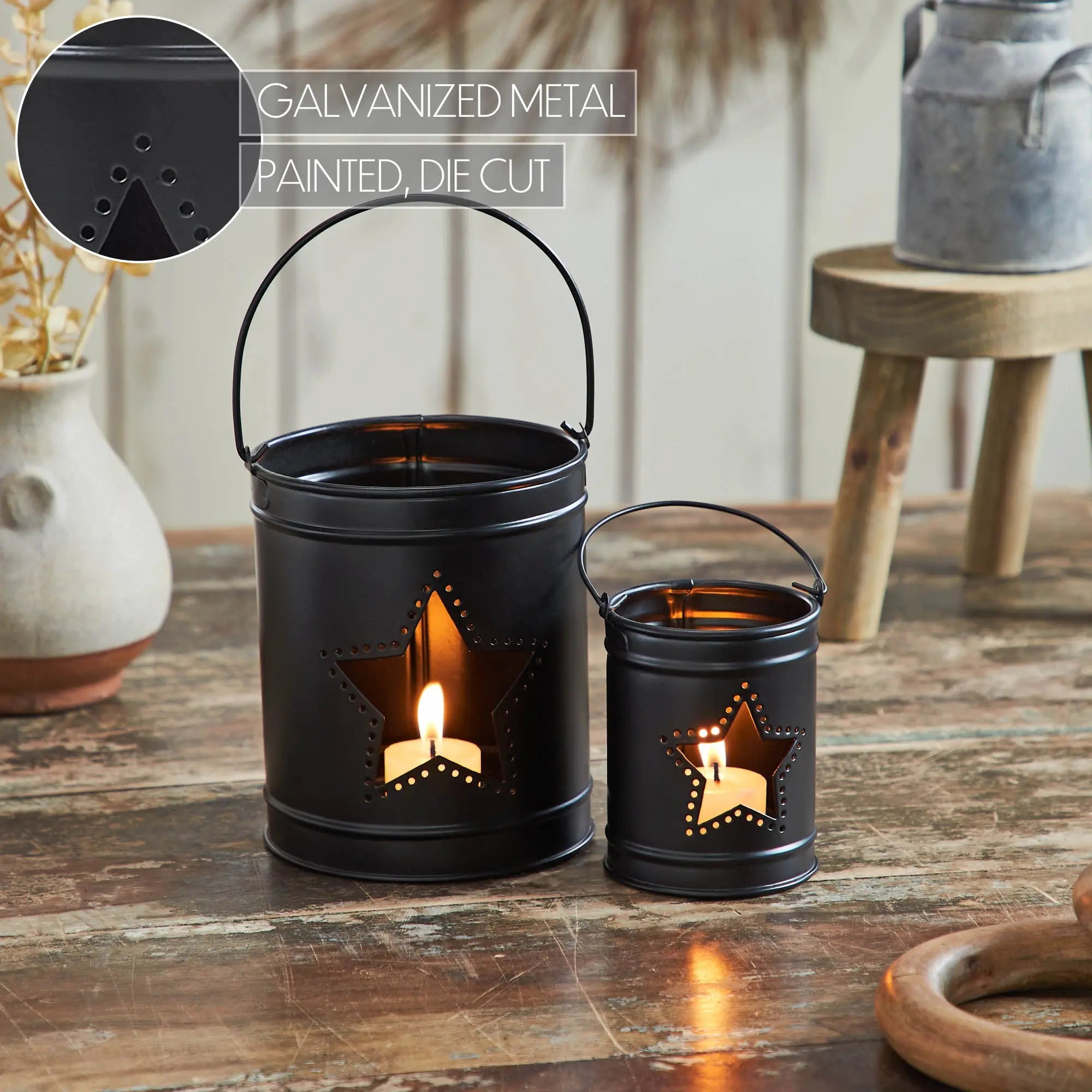 Patriotic Star Black Metal Votive Candle Holder Set of 2