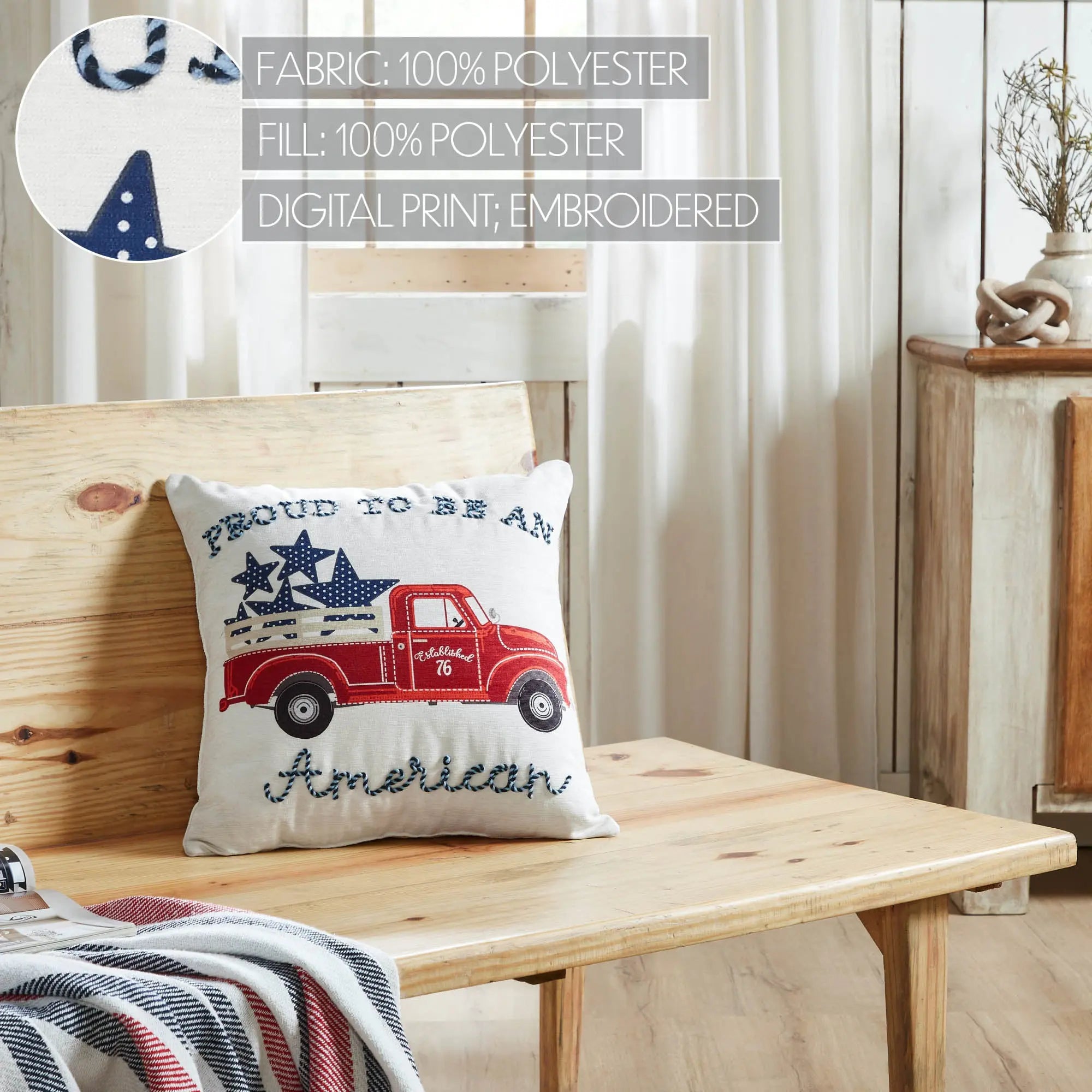 Proud To Be an American Blue Stars on Red Truck Pillow