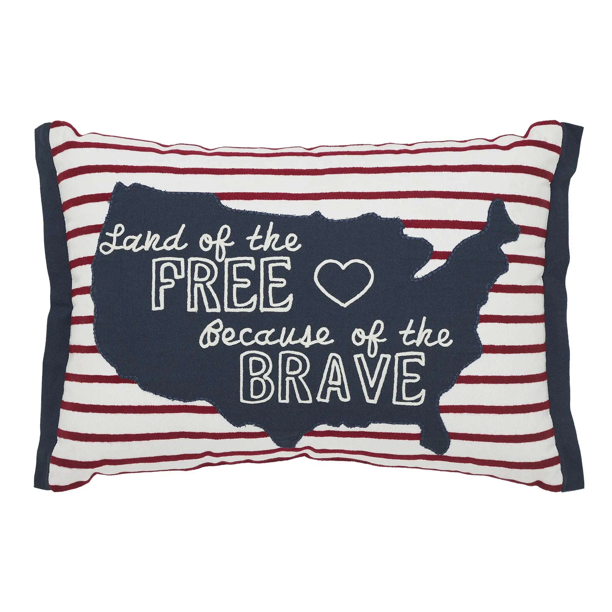 Pillow with red and white stripes and USA map with text 'Land of the Free Because of the Brave' on a white background