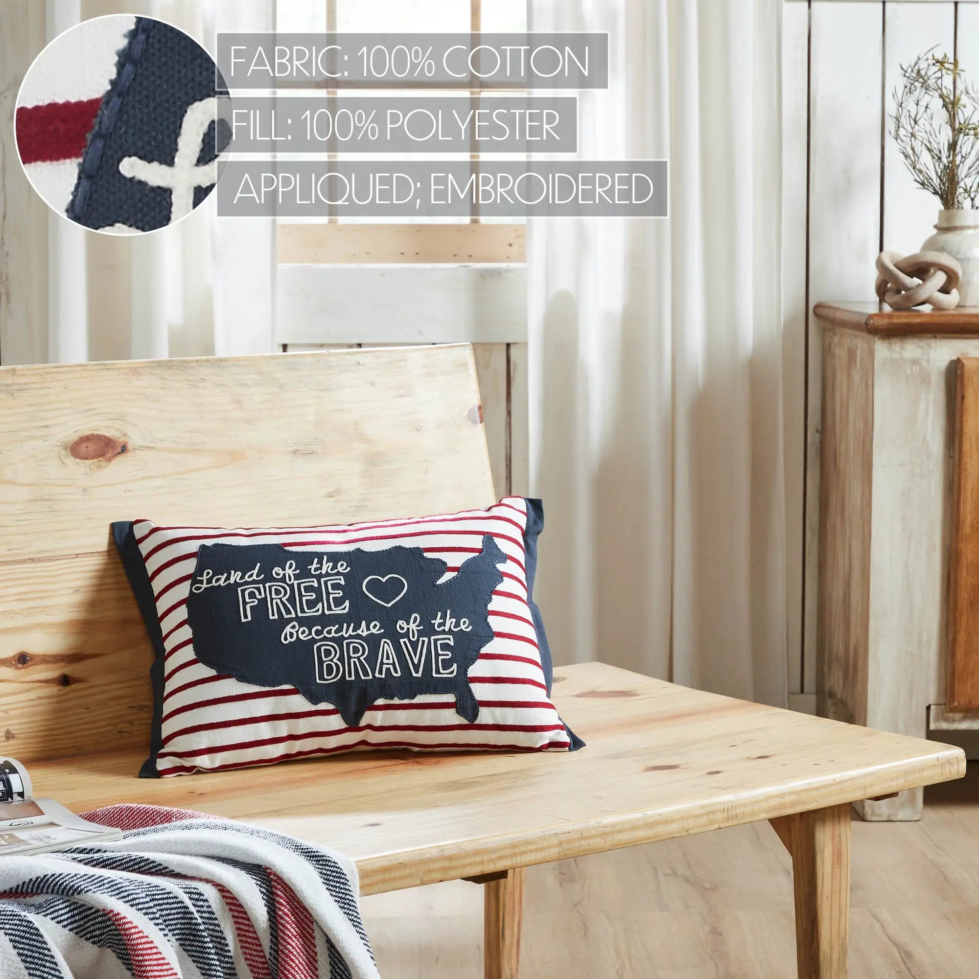 Decorative pillow with text on a wooden bench in a home setting