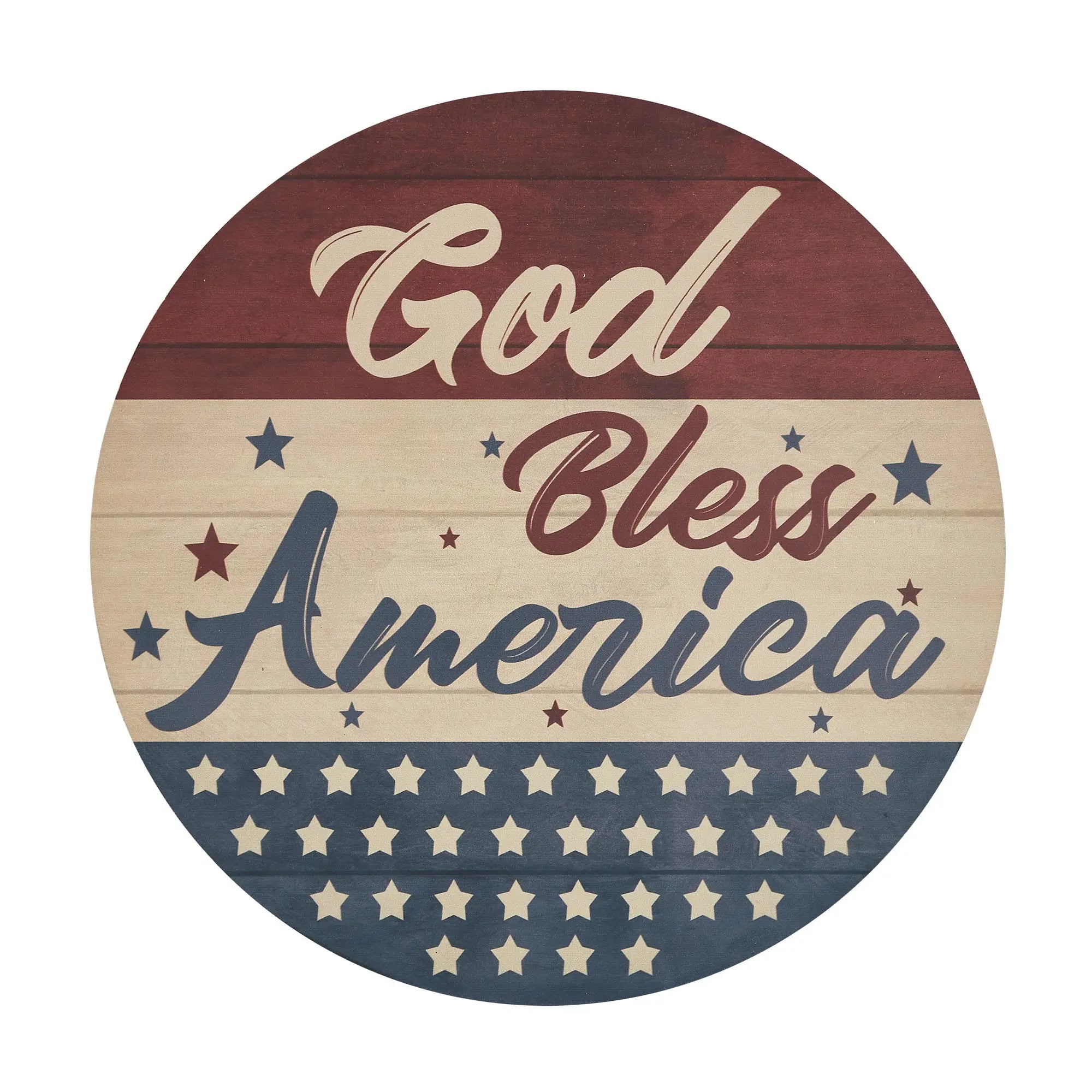 Round wooden sign with 'God Bless America' text and American flag pattern on a white background
