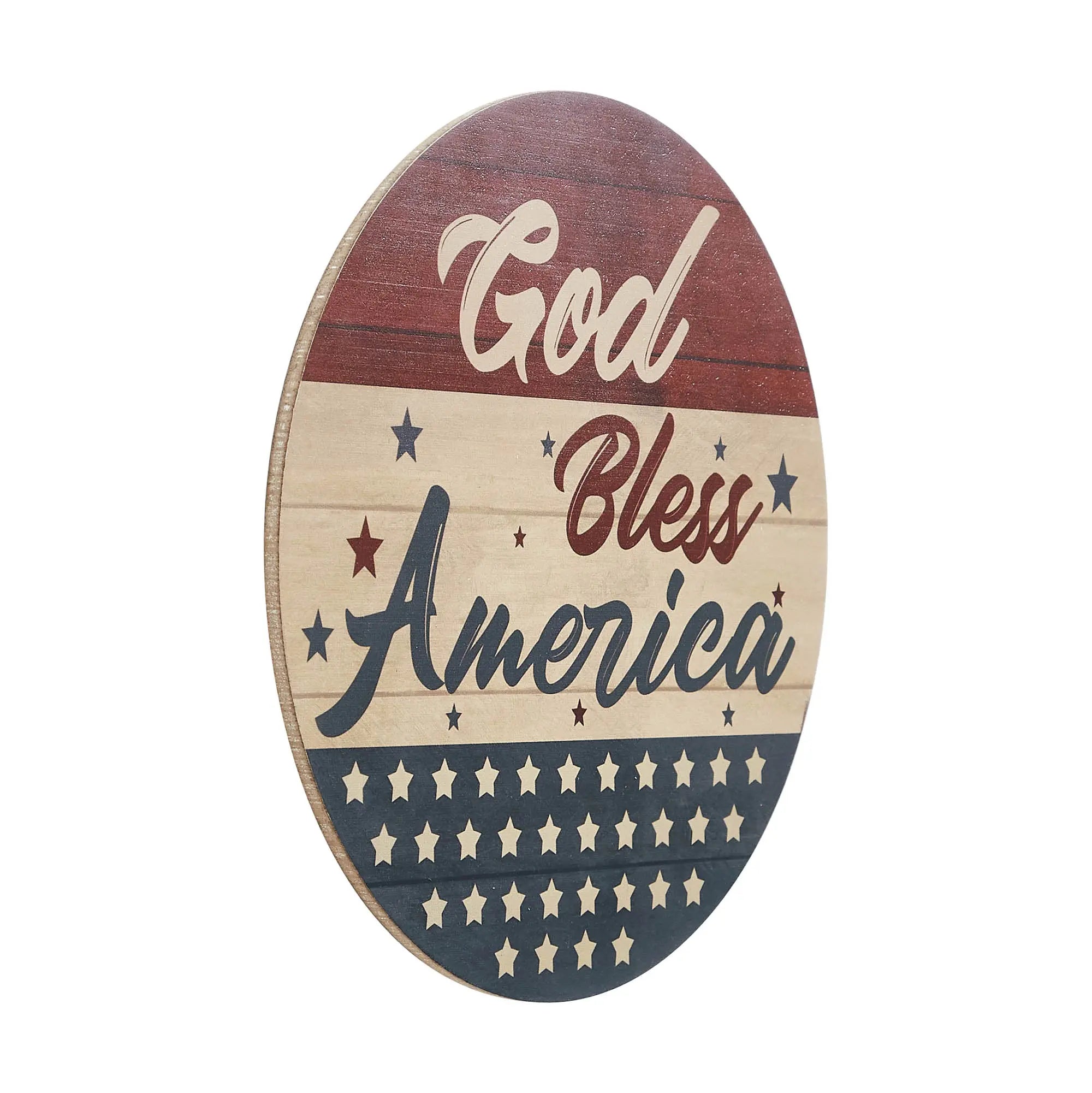 Wooden plaque with 'God Bless America' text on a white background