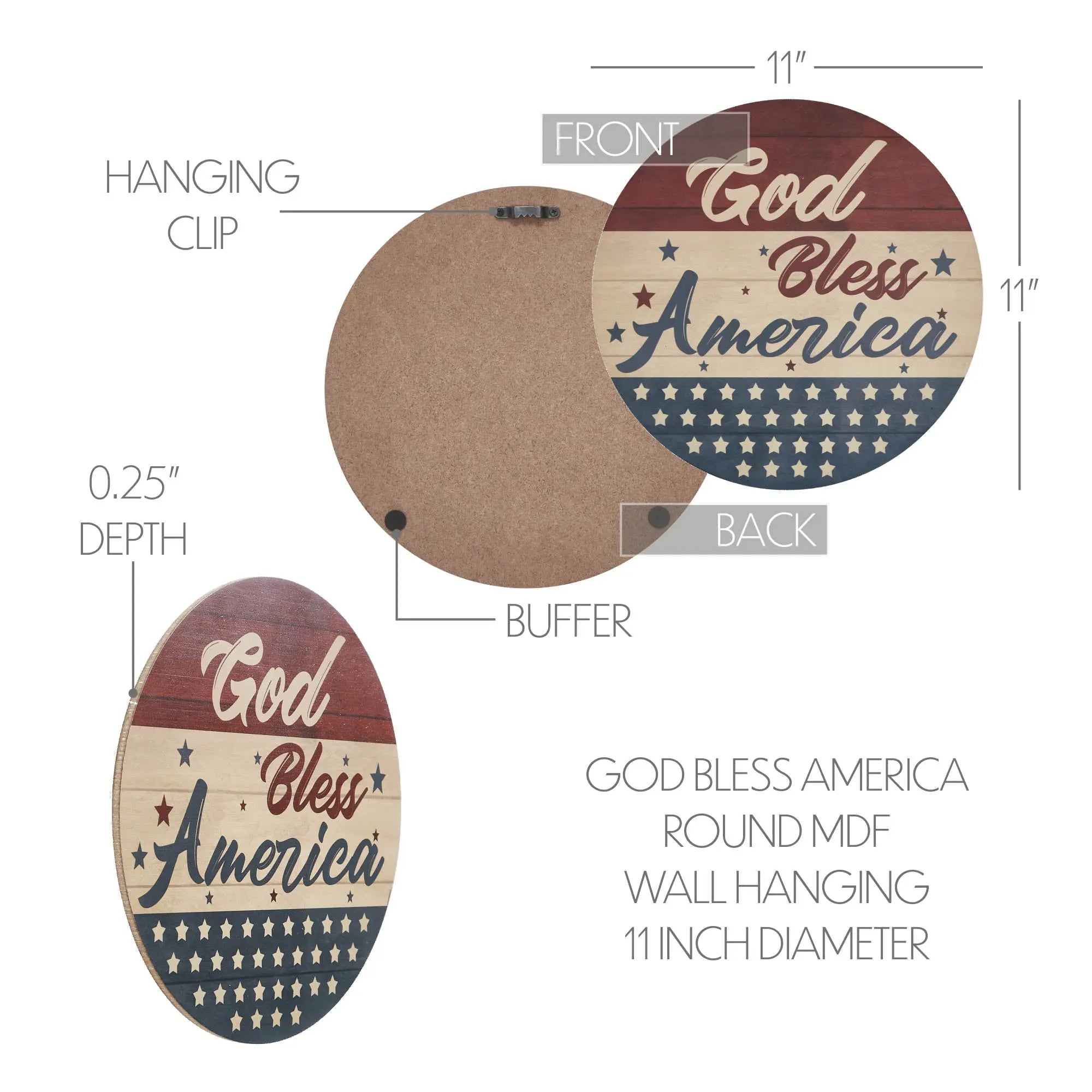 Measurement chart of a 'God Bless America' round MDF wall hanging with front, back, and buffer details.