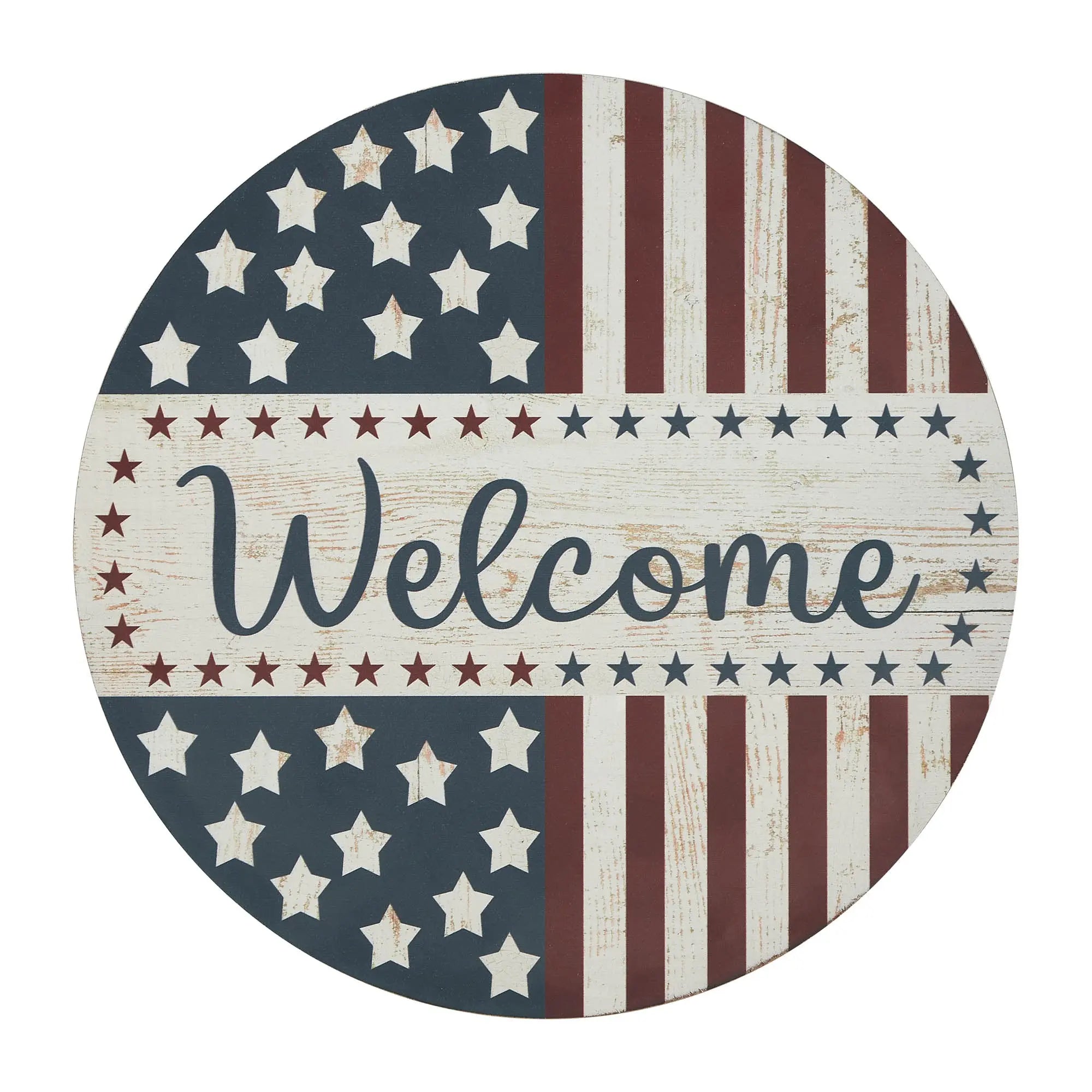 Round sign with American flag pattern and 'Welcome' text on a white background
