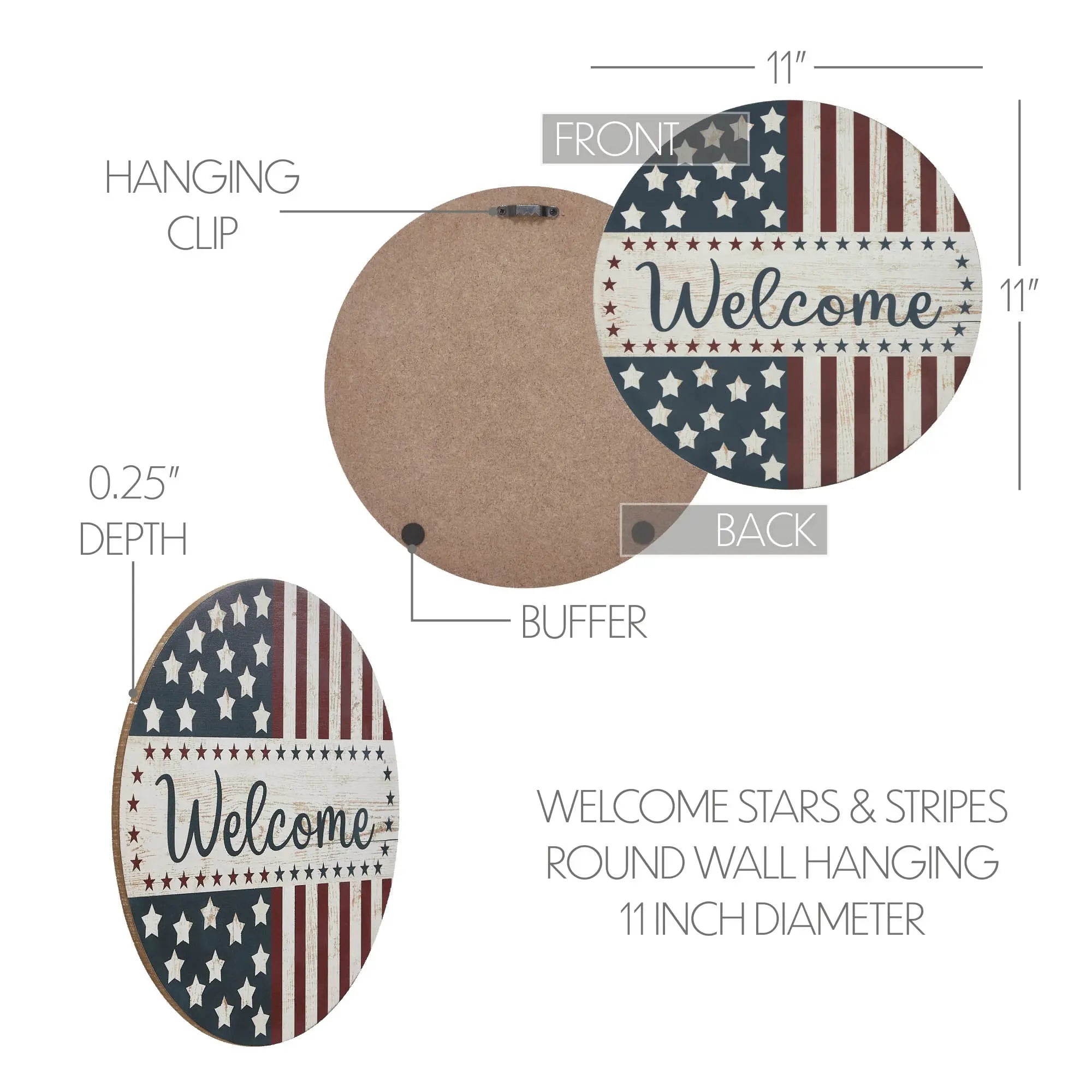 Round wall hanging with American flag design and 'Welcome' text, showing front and back views with measurements.