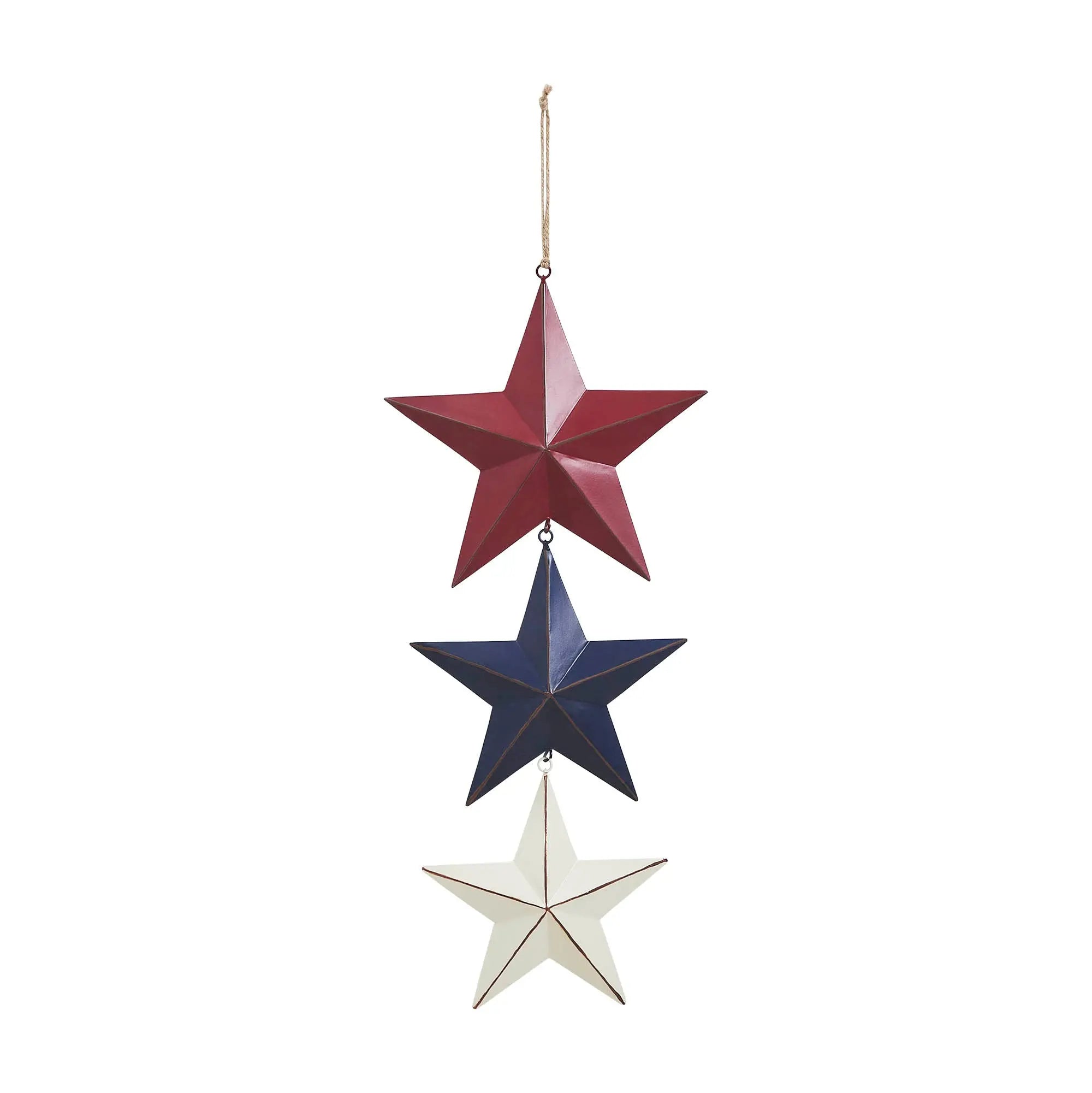 Three star-shaped ornaments in red, blue, and white on a white background