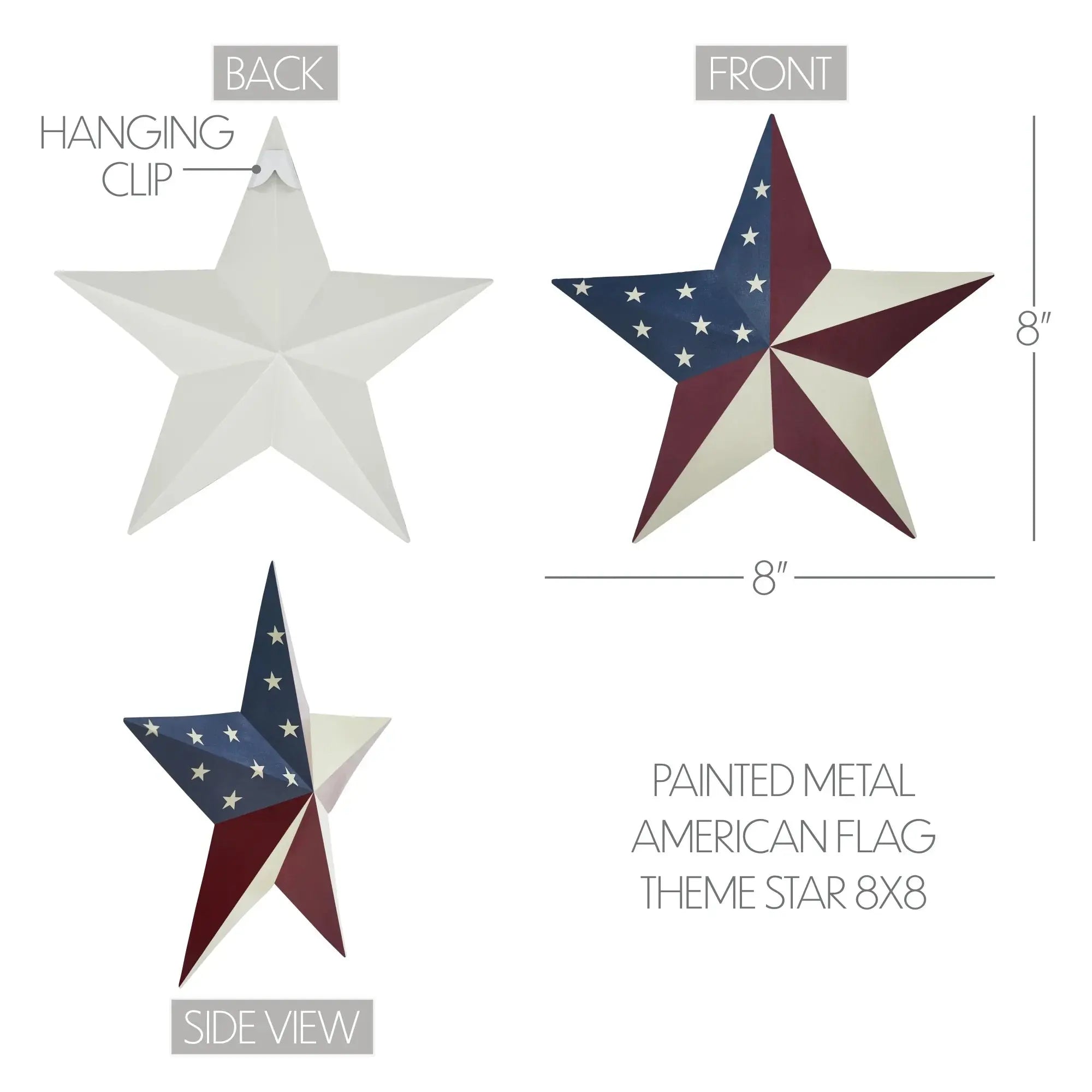 8-inch painted metal American flag star wall decor, farmhouse style with hanging clip