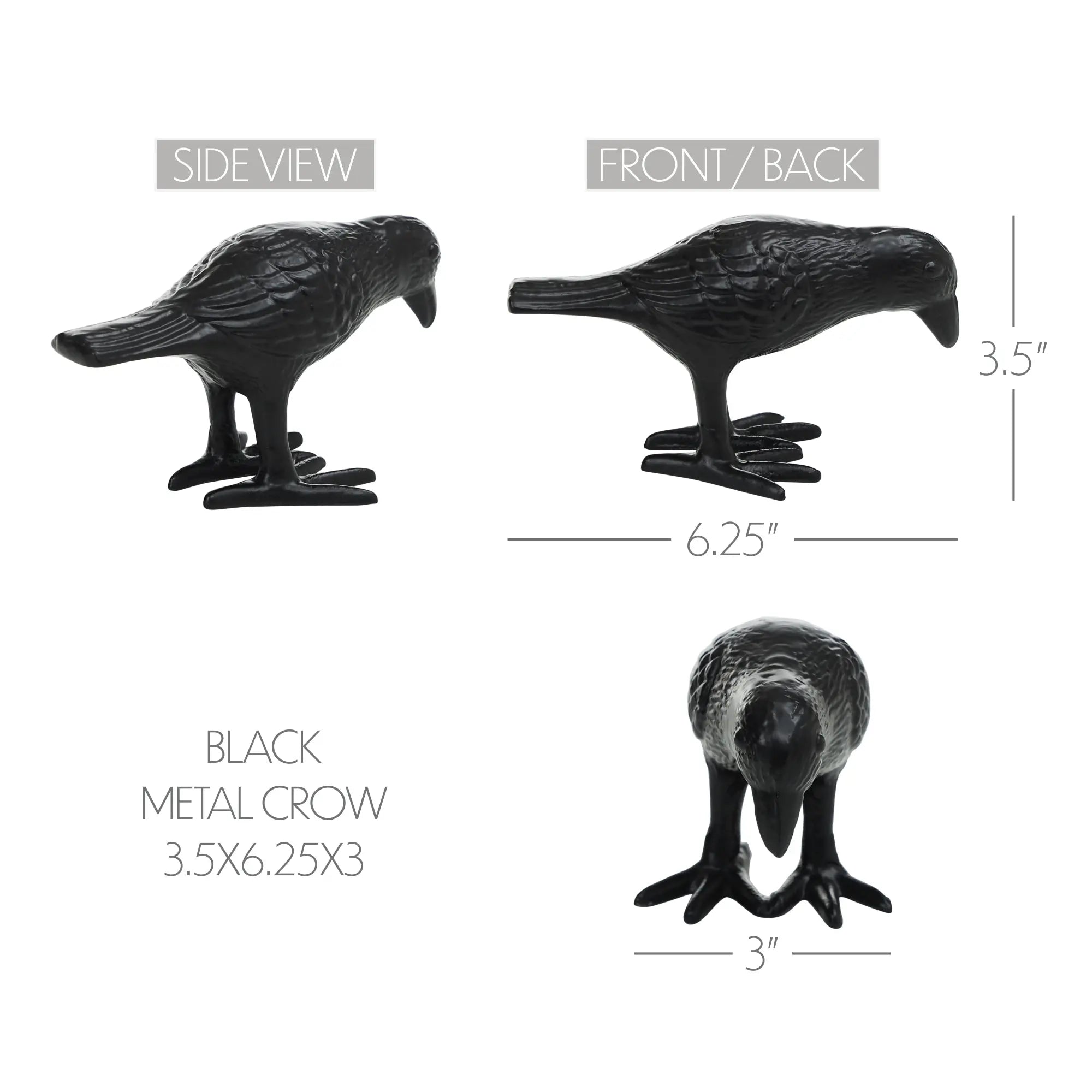 Black metal crow figurine with measurements on a white background
