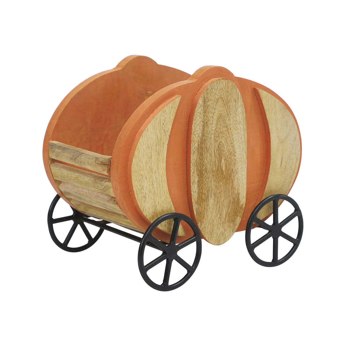 A decorative wooden pumpkin-shaped planter or storage cart with black metal wheels, shown on a plain white background.