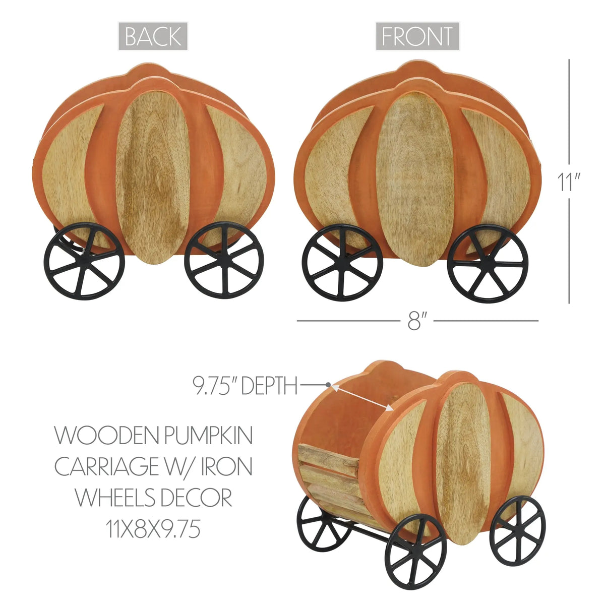 Wooden pumpkin carriage with iron wheels decor showing front and back views with measurements.