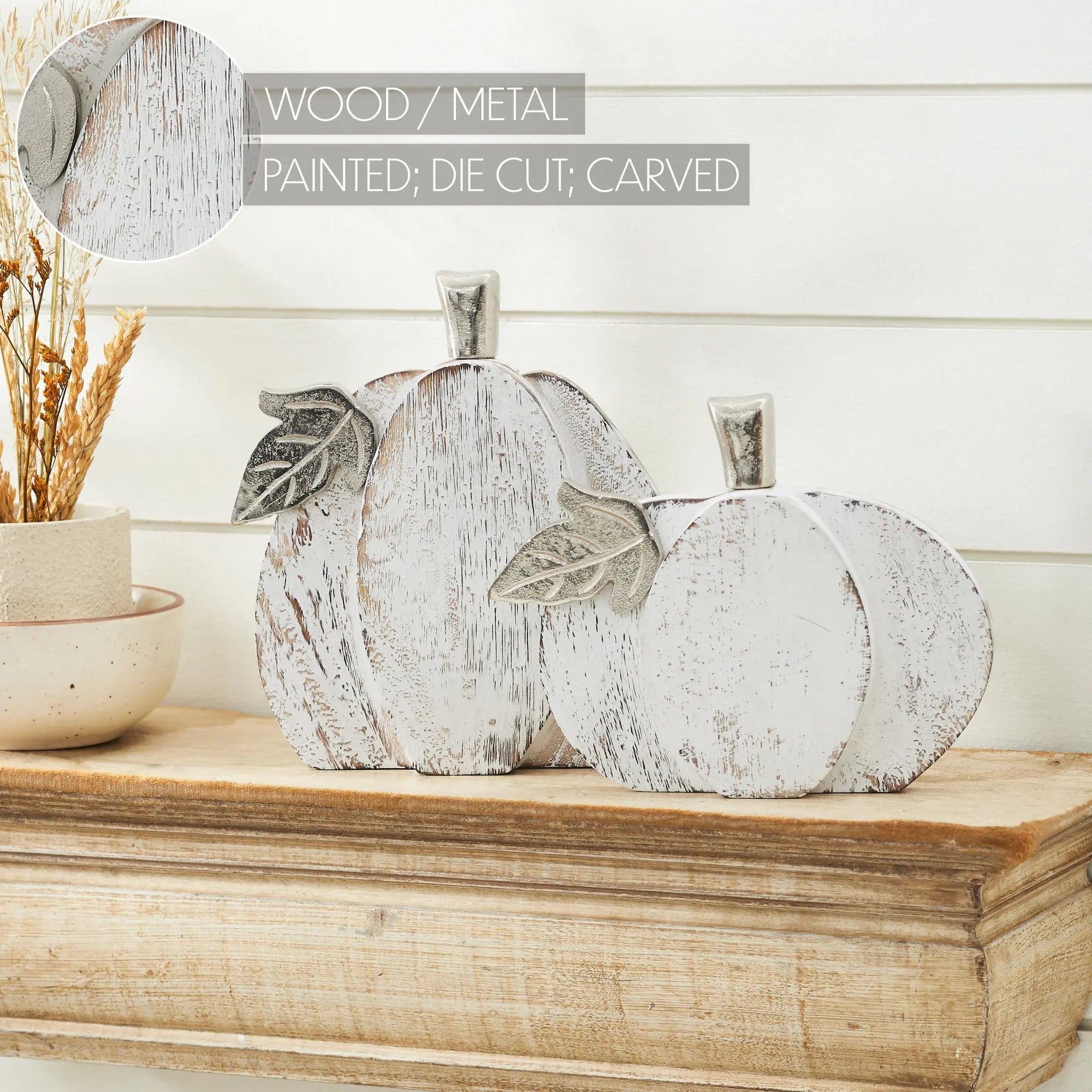 Farmhouse White Wash Wooden Pumpkin Set – Set of 2