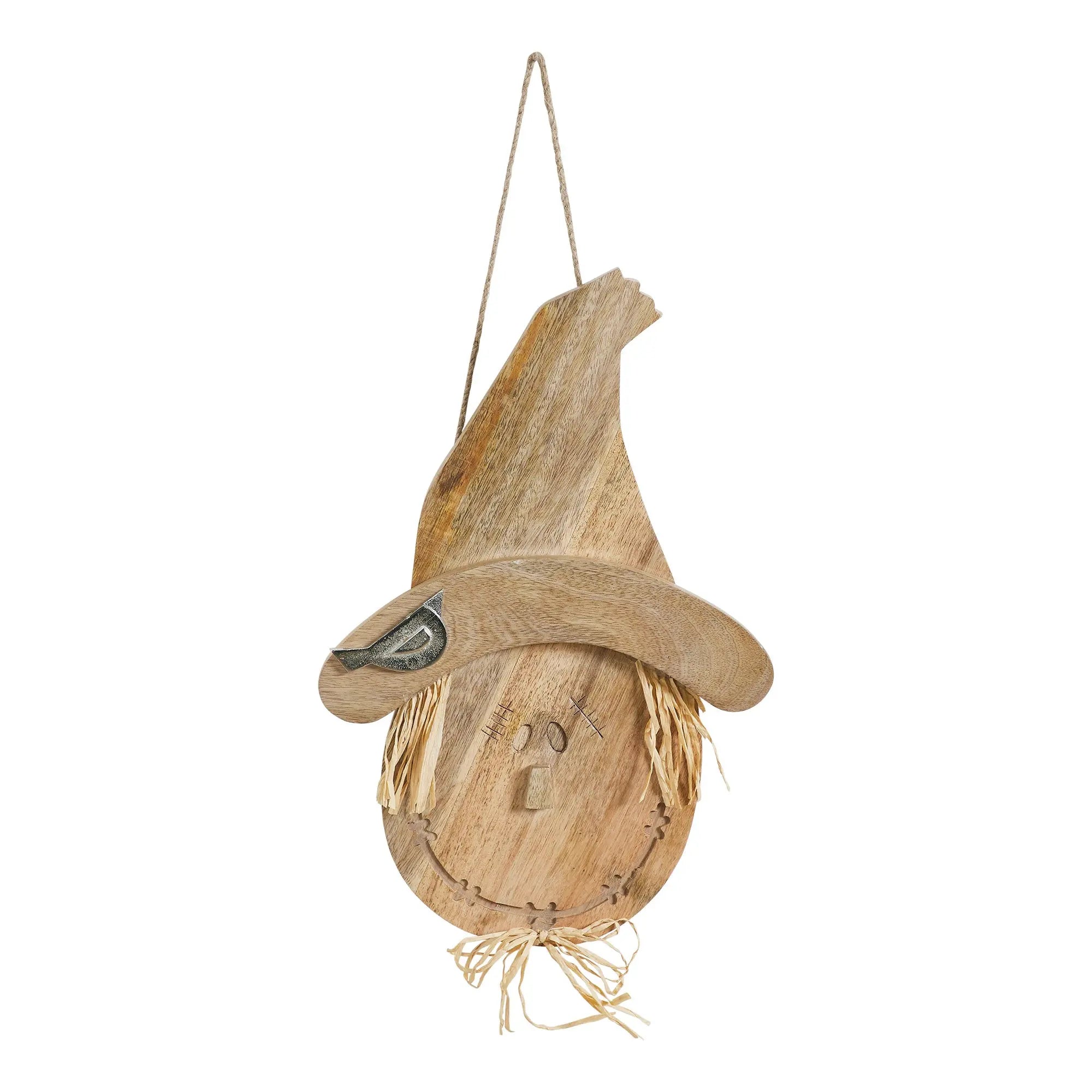 Wooden scarecrow decoration with a hat on a white background