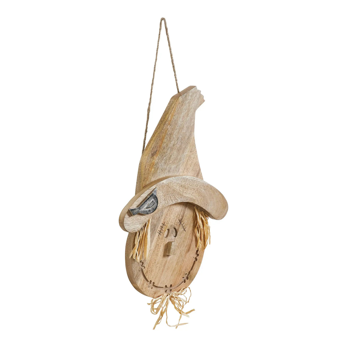 A rustic wooden hanging decoration shaped like a scarecrow's face with a pointed hat, hanging twine, and straw details, shown on a plain white background.