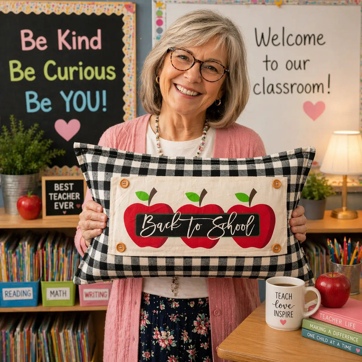 Teacher holding a 'Back to School' pillow in a classroom setting