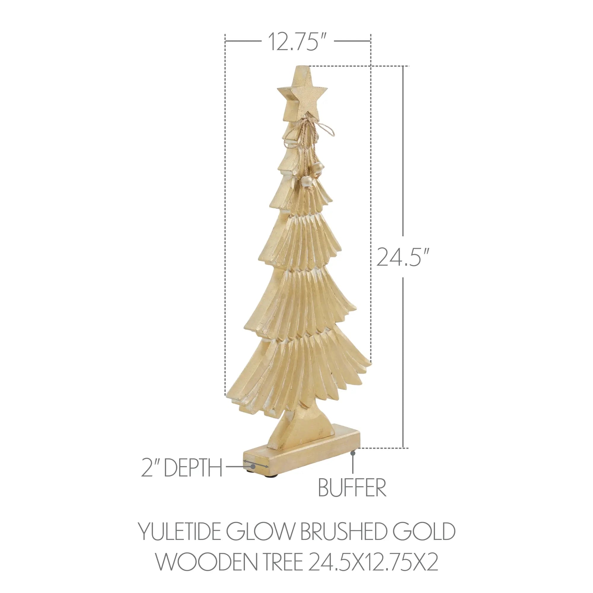 A gold-toned wooden Christmas tree with a star topper, shown with dimension lines and text indicating height of 24.5 inches, width of 12.