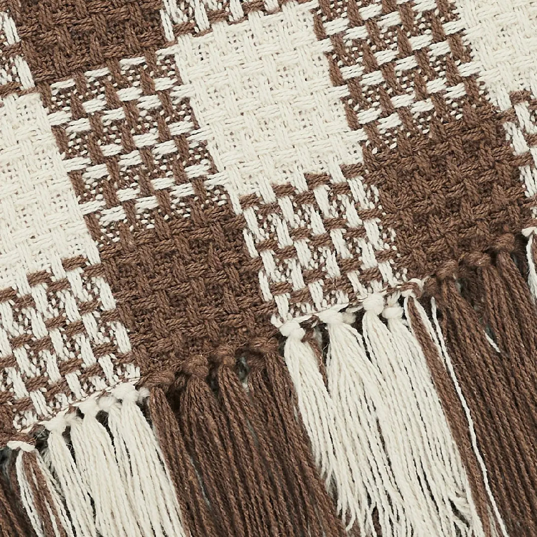 Cocoa Brown Woven Check Throw Blanket with Fringe – 50x60