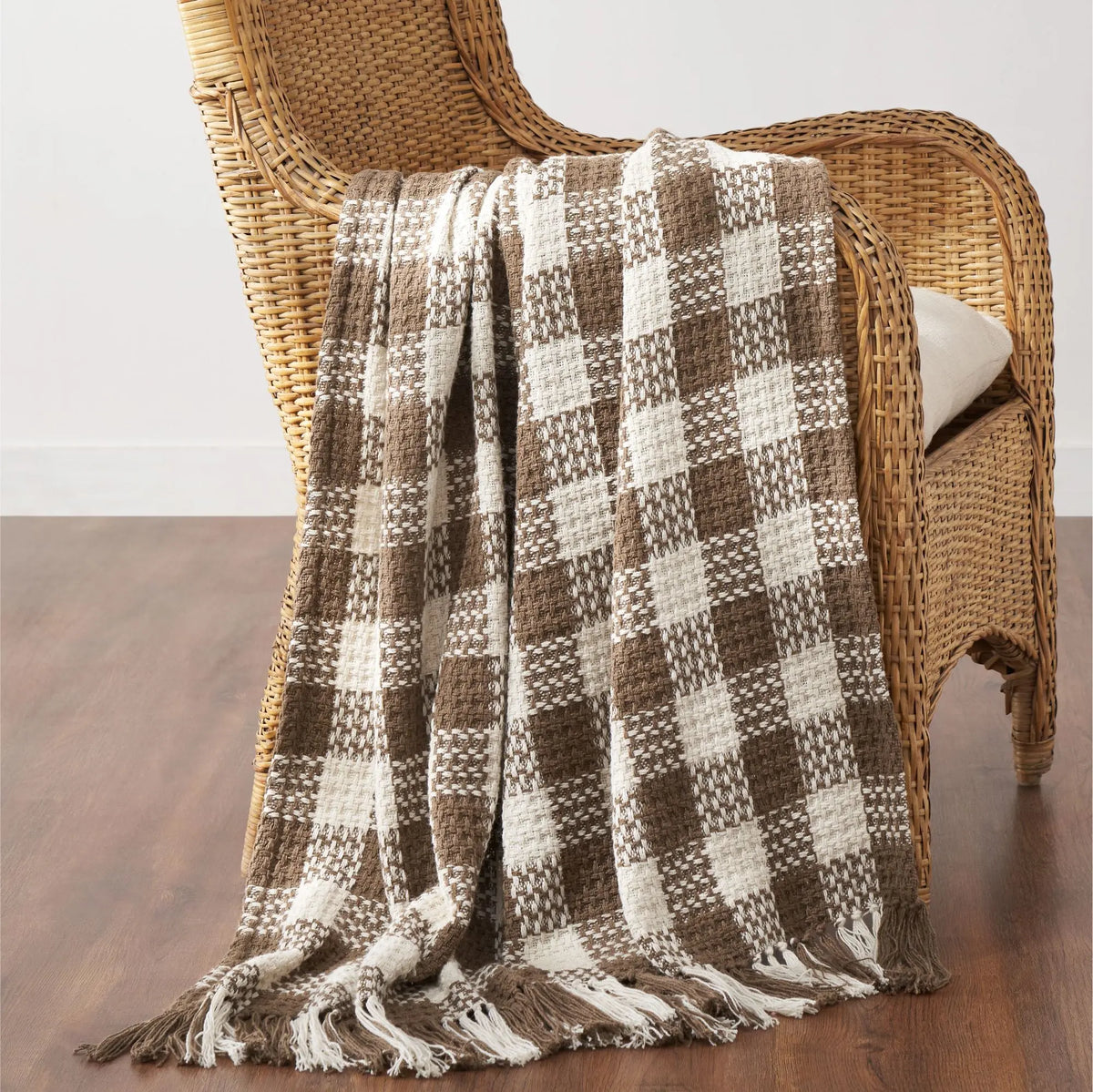 Cocoa Brown Woven Check Throw Blanket with Fringe – 50x60
