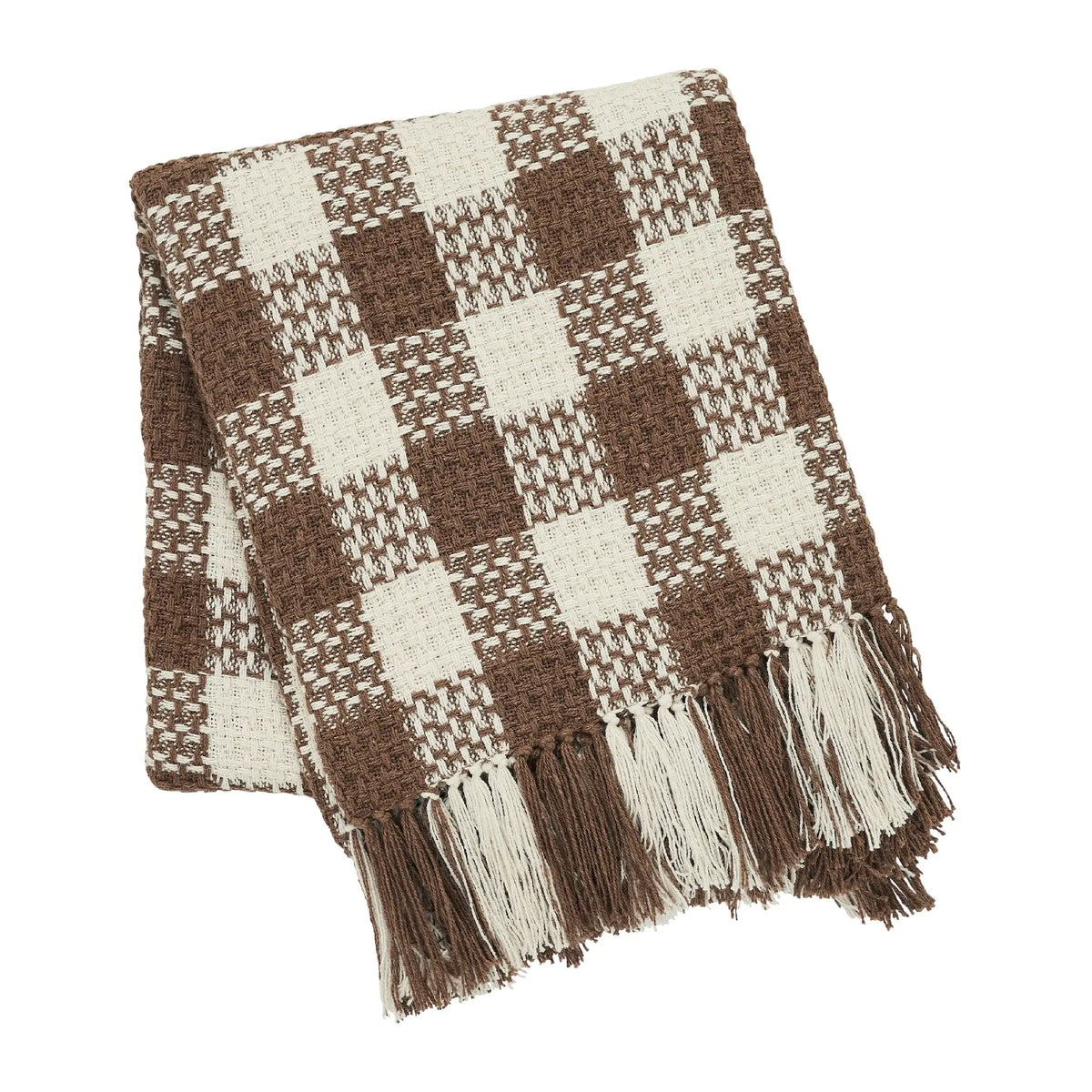 Cocoa Brown Woven Check Throw Blanket with Fringe – 50x60