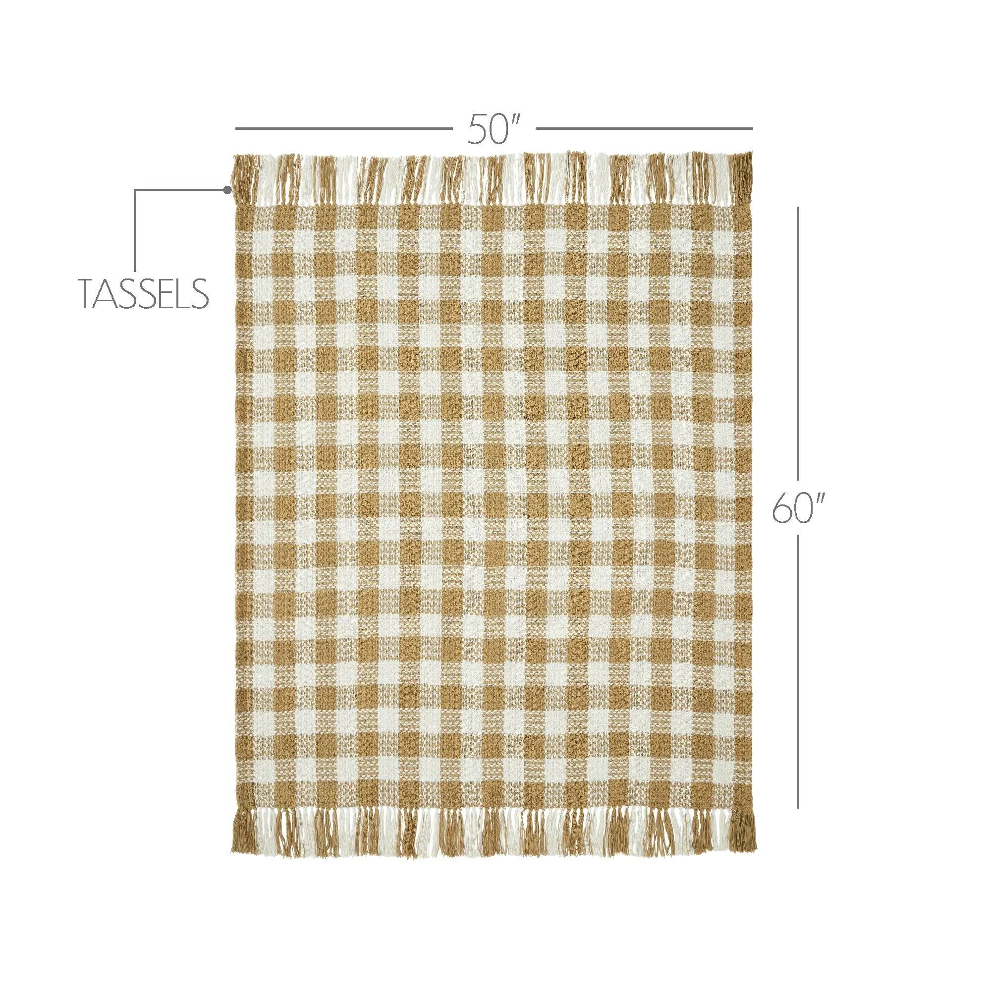 Plaid blanket with tassels and dimensions on a white background