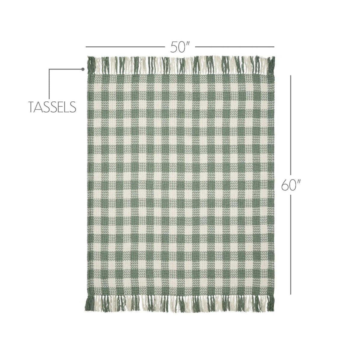 Green and white checkered blanket with tassels and dimensions on a white background