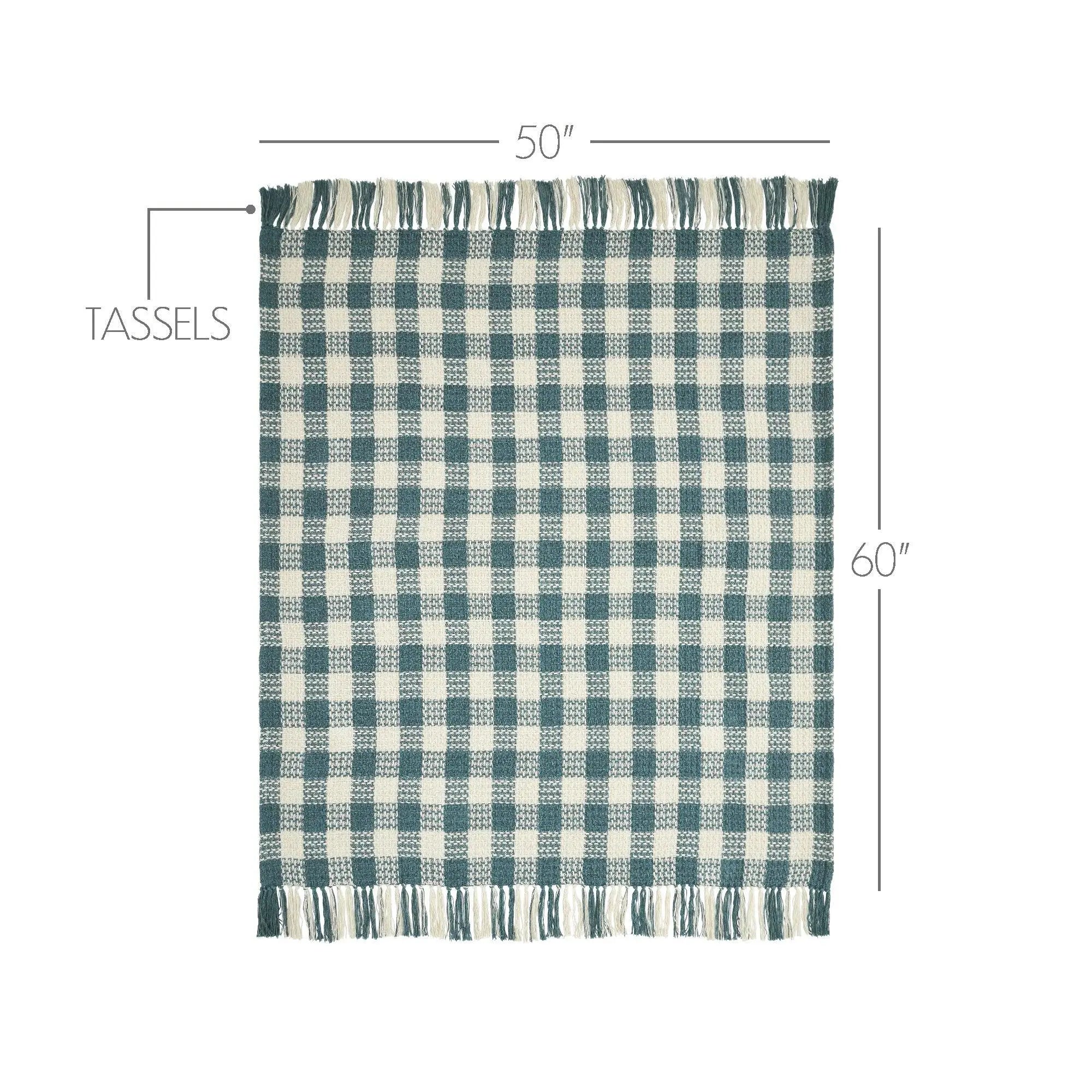 Green and white checkered throw blanket with tassels and dimensions on a white background