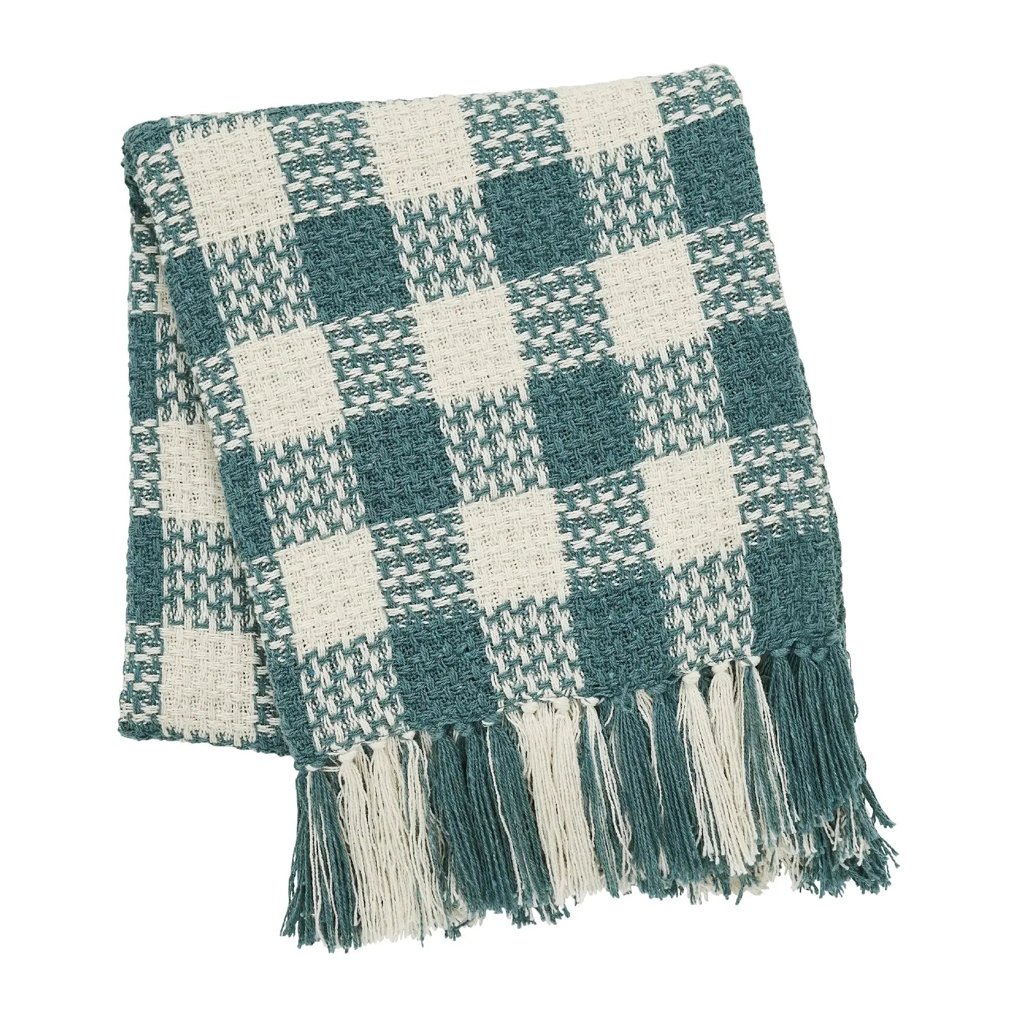 Checkered throw blanket with fringes on a white background